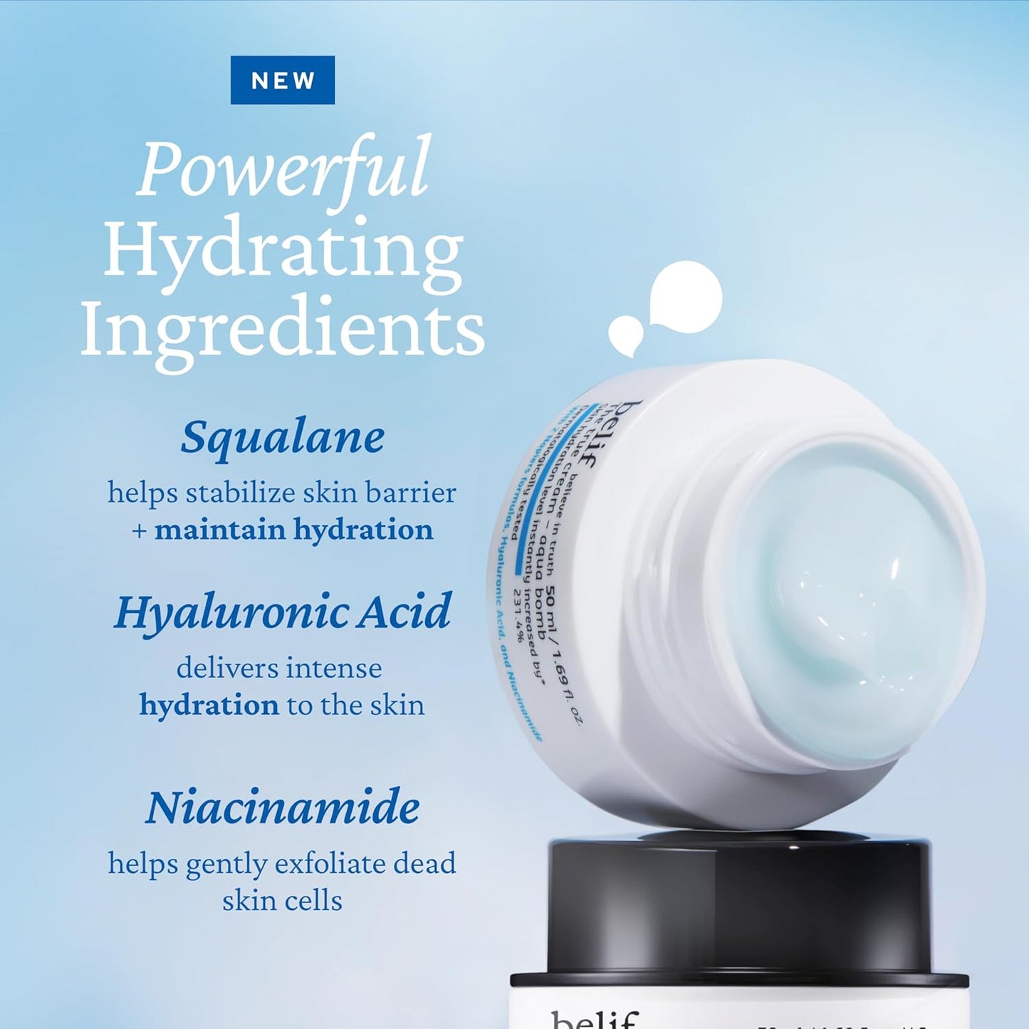 belif Aqua Bomb – Daily Niacinamide Hydrating Moisturizer, Lightweight Plumping Facial Cream with Hyaluronic Acid & Squalane, Cooling Effect, Anti-Aging, Korean Skincare, 1.68 fl oz (50ml)