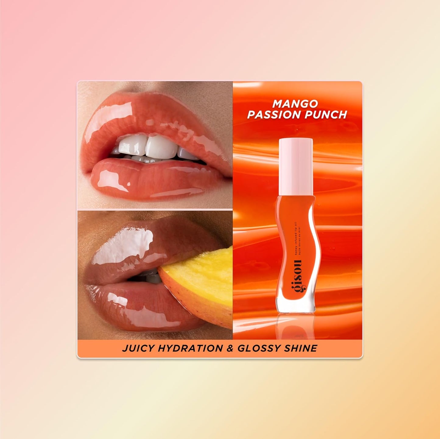 Gisou Honey Infused Hydrating Lip Oil, Nourishing Lip Moisturizer for Dry Lips, High Shine, Smooth Finish, Sheer Hot Coral Shade, Tropical Mango Passion Fruit Scent, Mango Passion Punch, 8ml