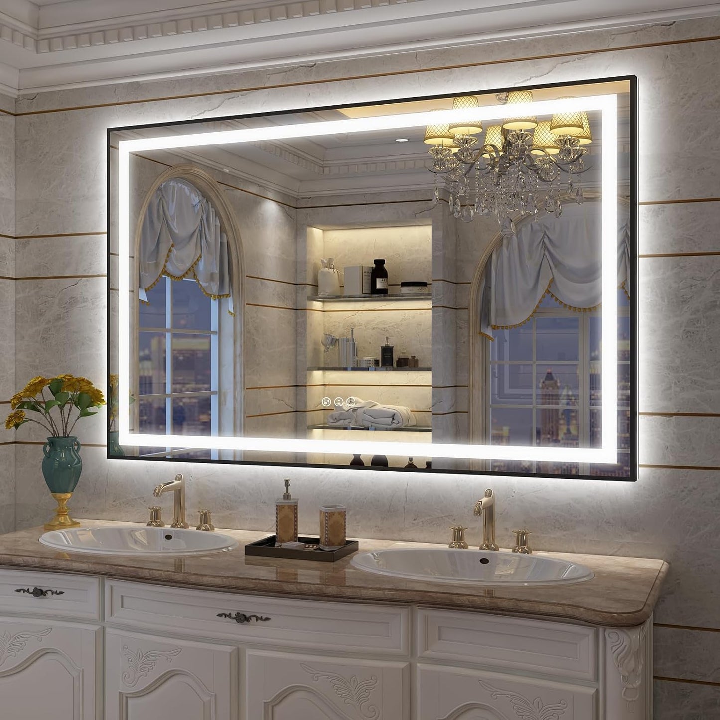 OKPAL Black LED Bathroom Mirror for Wall, 55x36 Frame Lighted Bathroom Mirror, Front and Backlit Lighted Vanity Mirror, Dimmable, Anti-Fog, Shatterproof, ETL Listed, Horizontal/Vertical