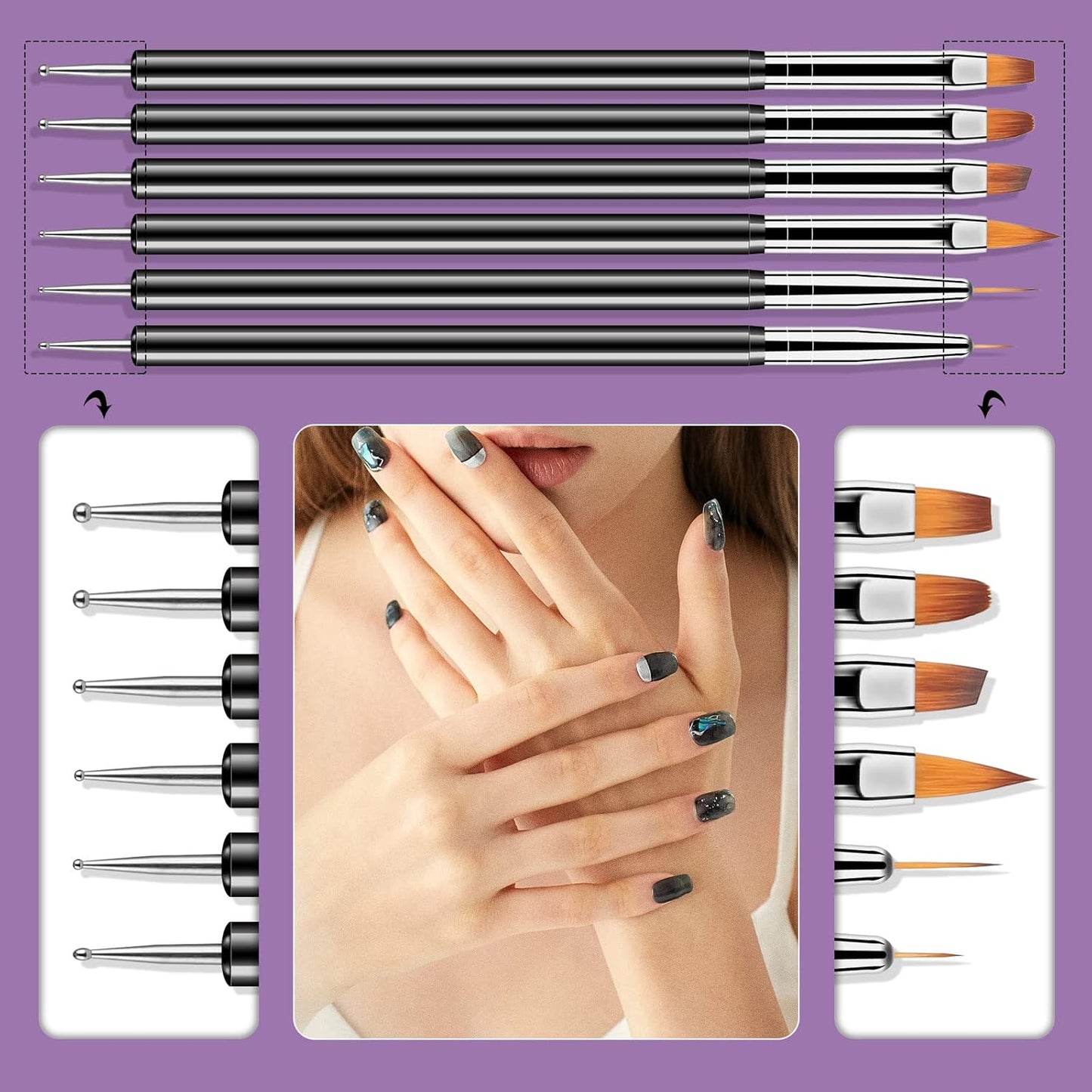 Artdone Nail Dotting Tools 6PCS Double-ended Nail Art Brushes Kit Nail Art Gel Polish Liner Brushes Design Pen For Nail Drawing And Nail Paint Brushes Small Detail Brushes