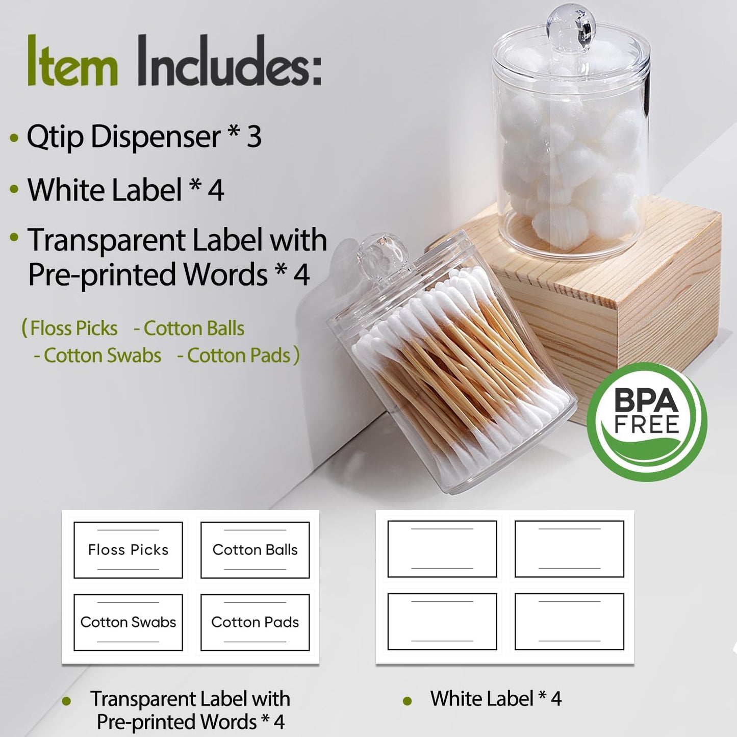 AOZITA 3 Pack Acrylic Qtip Holder Dispenser for Cotton Swab, Ball, Round Pads, Floss Picks - 10 oz Clear Plastic Apothecary Jar Set for Bathroom Canister Storage Organization, Vanity Makeup Organizer