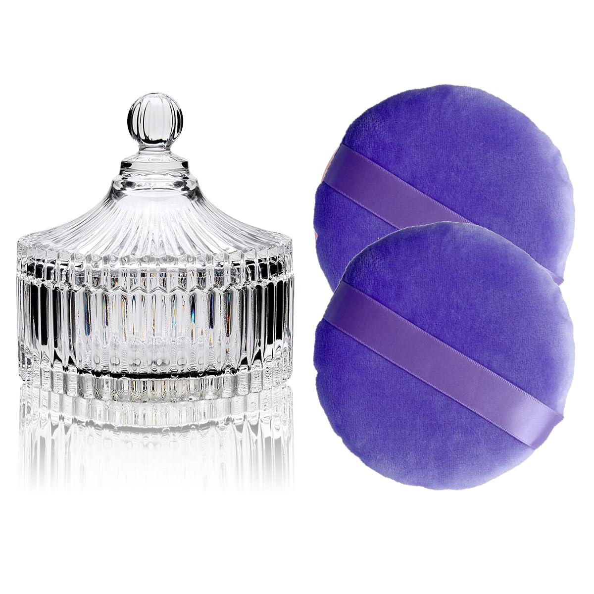 2 Pack Extra Large 5.2" Purple Powder Puffs and 5.3" Glass Container – Oversized Dusting Powder Jar with Puff Powder Holder Case(Clear Glass)