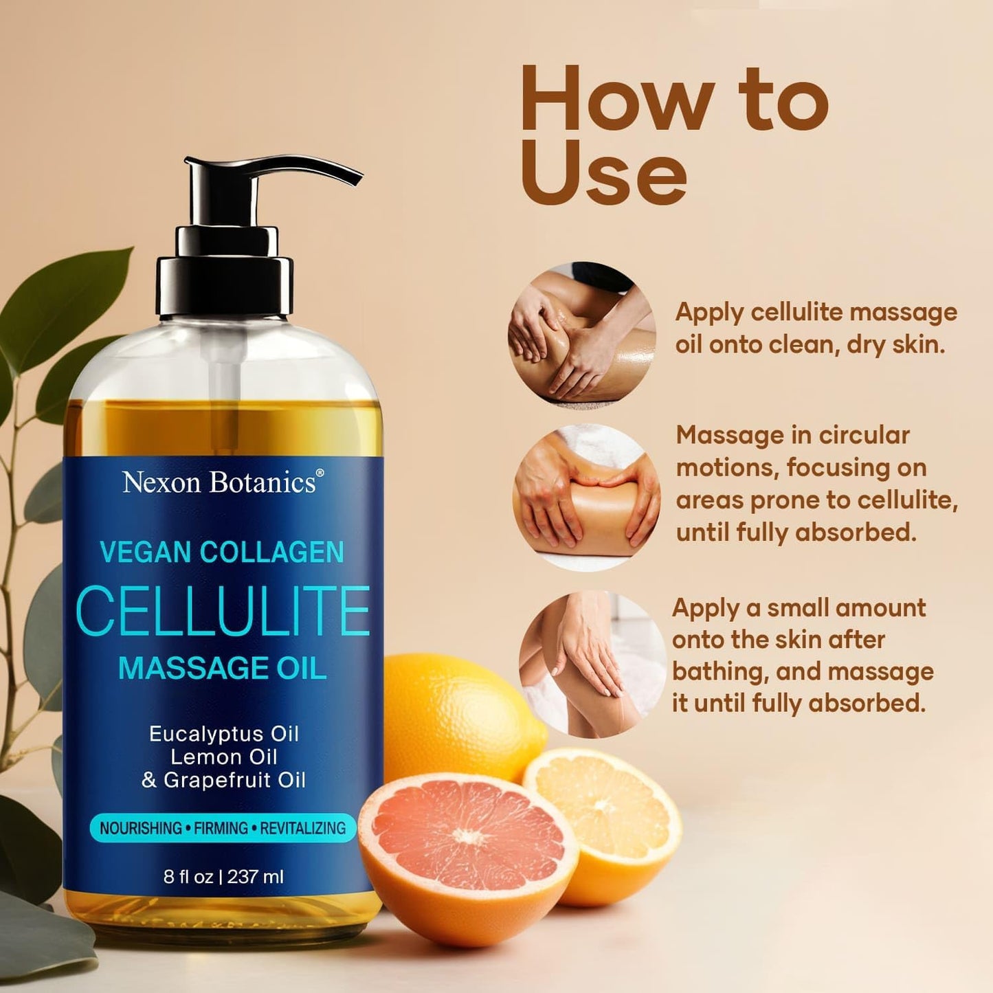 Anti-Cellulite Massage Oil for Massage Therapy 8 fl oz - Refreshing and Relaxing - Natural Oils with Vegan Collagen and Stem Cells - for Men and Women - Nexon Botanics