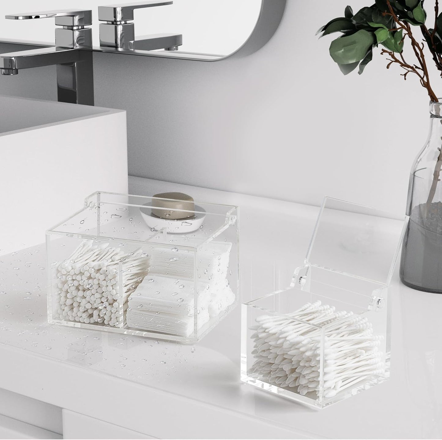 Clear Acrylic Cotton Swab Ball Holder Qtip Organizer with Lid 2-Grid Canister for Make Up Pads, Floss Picks, Vanity Storage,Bath Salts, Cosmetics, Home Bathroom Decor (DP004)