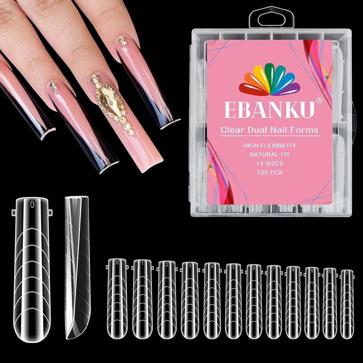 EBANKU Poly Gel Nail Forms Coffin Long, 120 Pcs Dual Forms for Polygel, Structure Builder Gel Nail Molds Acrylic Nail Kit for Nail Extension Art Design Salon & DIY -12 Sizes