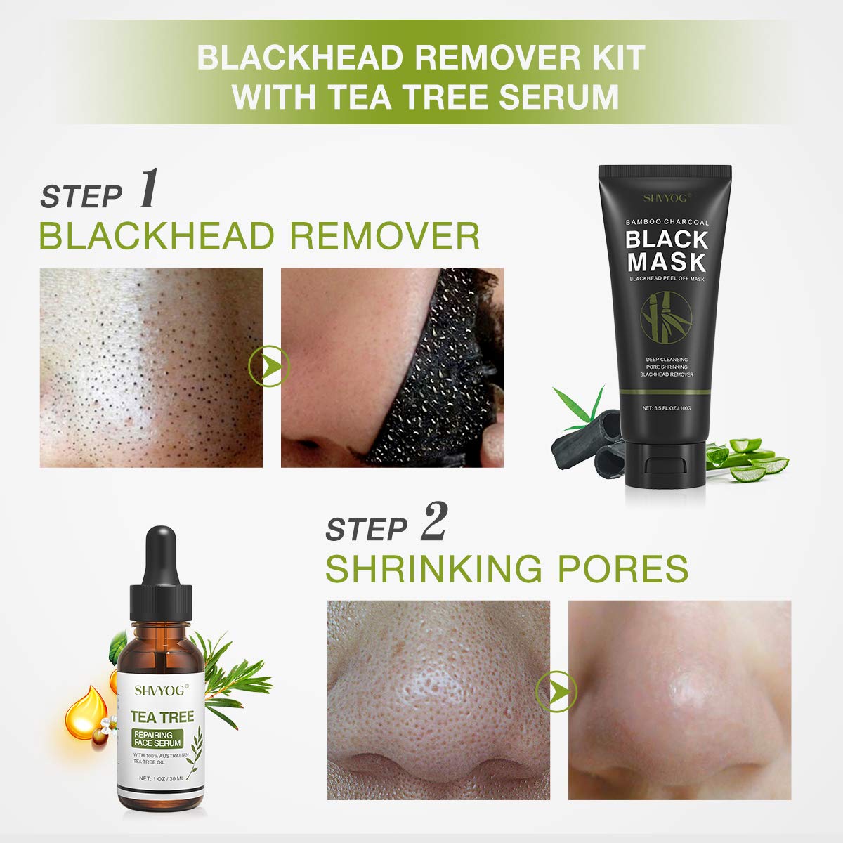 SHVYOG Blackhead Peel Off Face Mask, 3-in-1 Blackhead Remover Mask with Brush & Tea Tree Oil Serum, Charcoal Mask for Deep Cleansing Dirts, Pores, Skin Oil (100g+30ml)