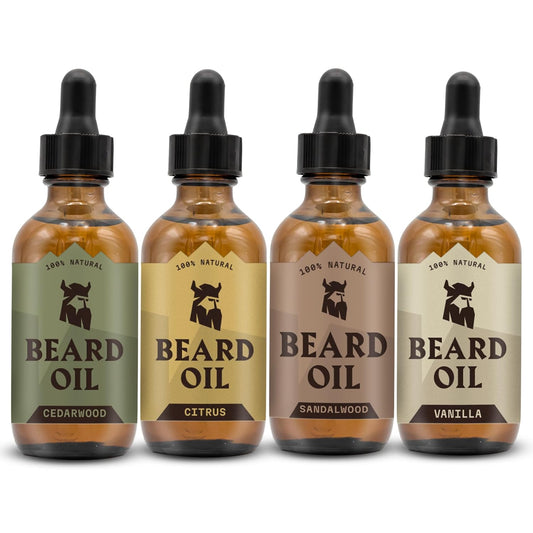 Striking Viking Beard Oil for Men - 0.66 Fl Oz, 4 Pack of Vanilla, Sandalwood, Cedarwood, Citrus - Naturally Derived Conditioner with Almond, Tea Tree, Argan & Jojoba Oil for Beard Growth & Softening