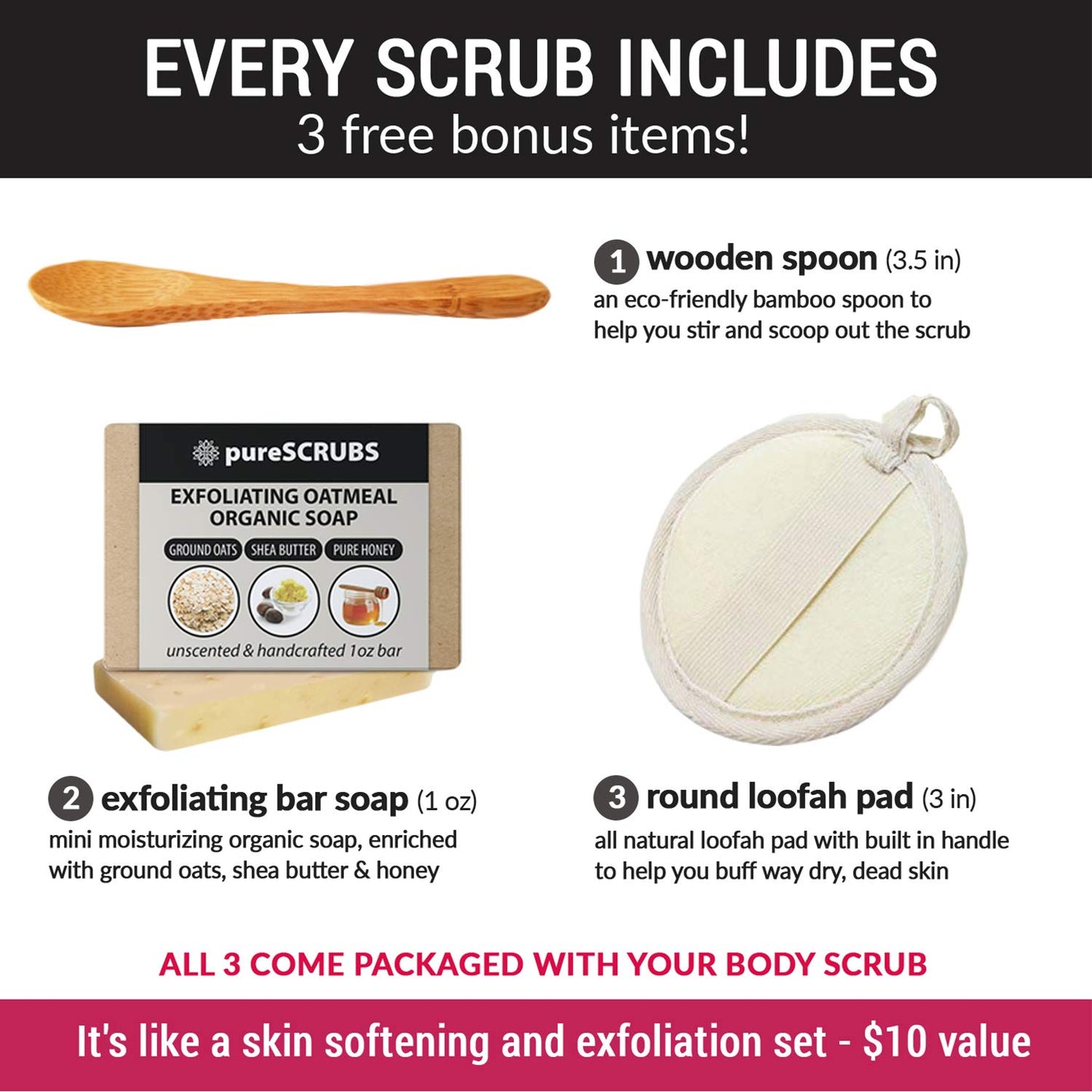 pureSCRUBS Premium Citrus Body Scrub Set - Large 16oz Dead Sea Salt Body Scrub With Infused Essential Oils & Nutrients, Includes Wooden Spoon, Loofah & Oatmeal Exfoliating Bar Soap
