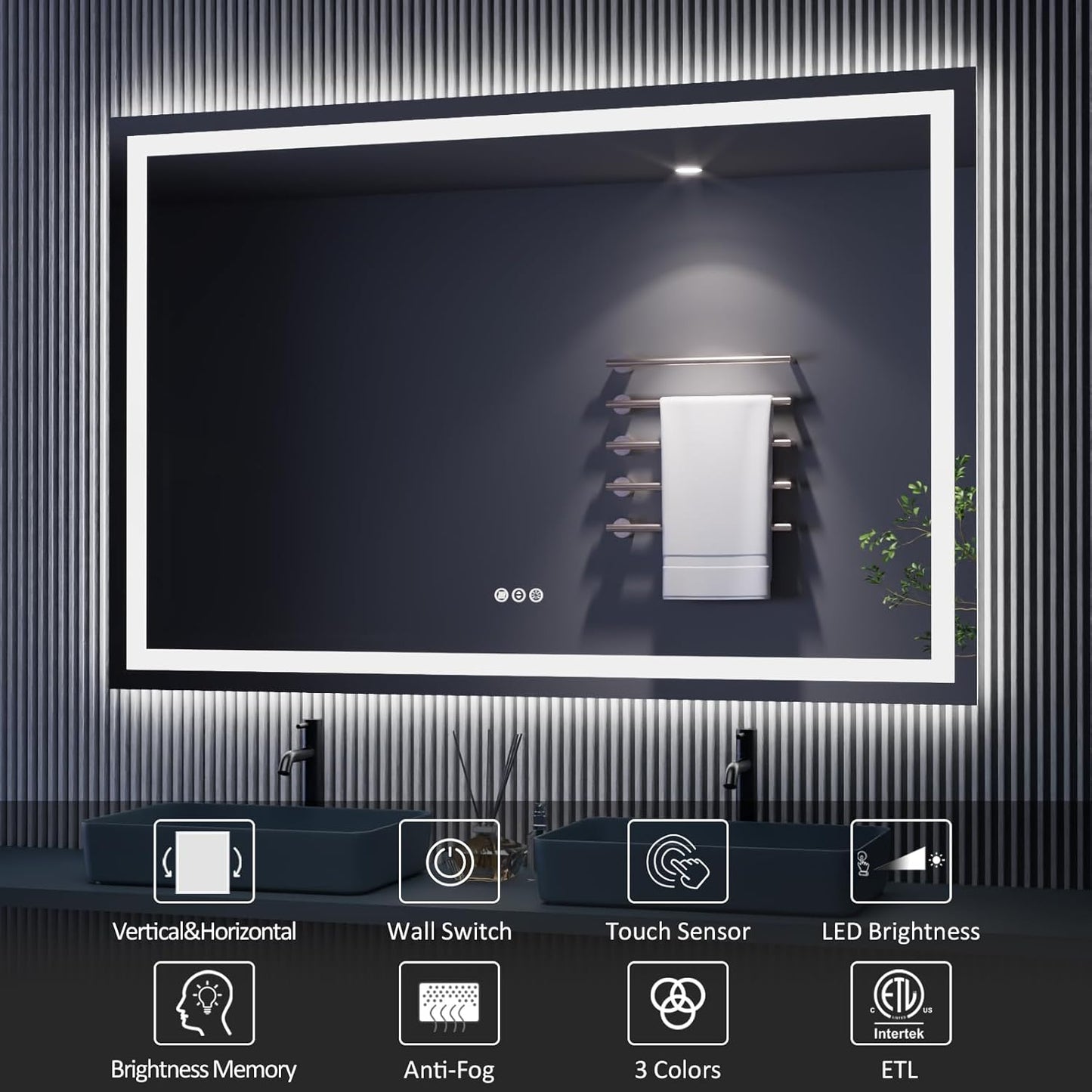 Amorho LED Bathroom Mirror 65" X36" with Front and Backlight, Stepless Dimmable Wall Mirrors with Anti-Fog, Shatter-Proof, Memory, 3 Colors, Double LED Vanity Mirror