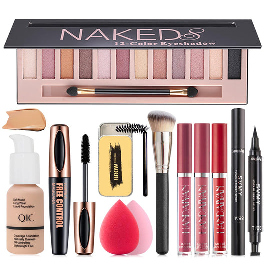 All in One Makeup Kit, 12 Colors Eyeshadow Palette, Beige Foundation, Lipstick Set, Eyebrow Soap, Eyeliner Stamp, Waterproof Mascara, Makeup Brush, Makeup Sponge, Gift Set for Women, Girls & Teens