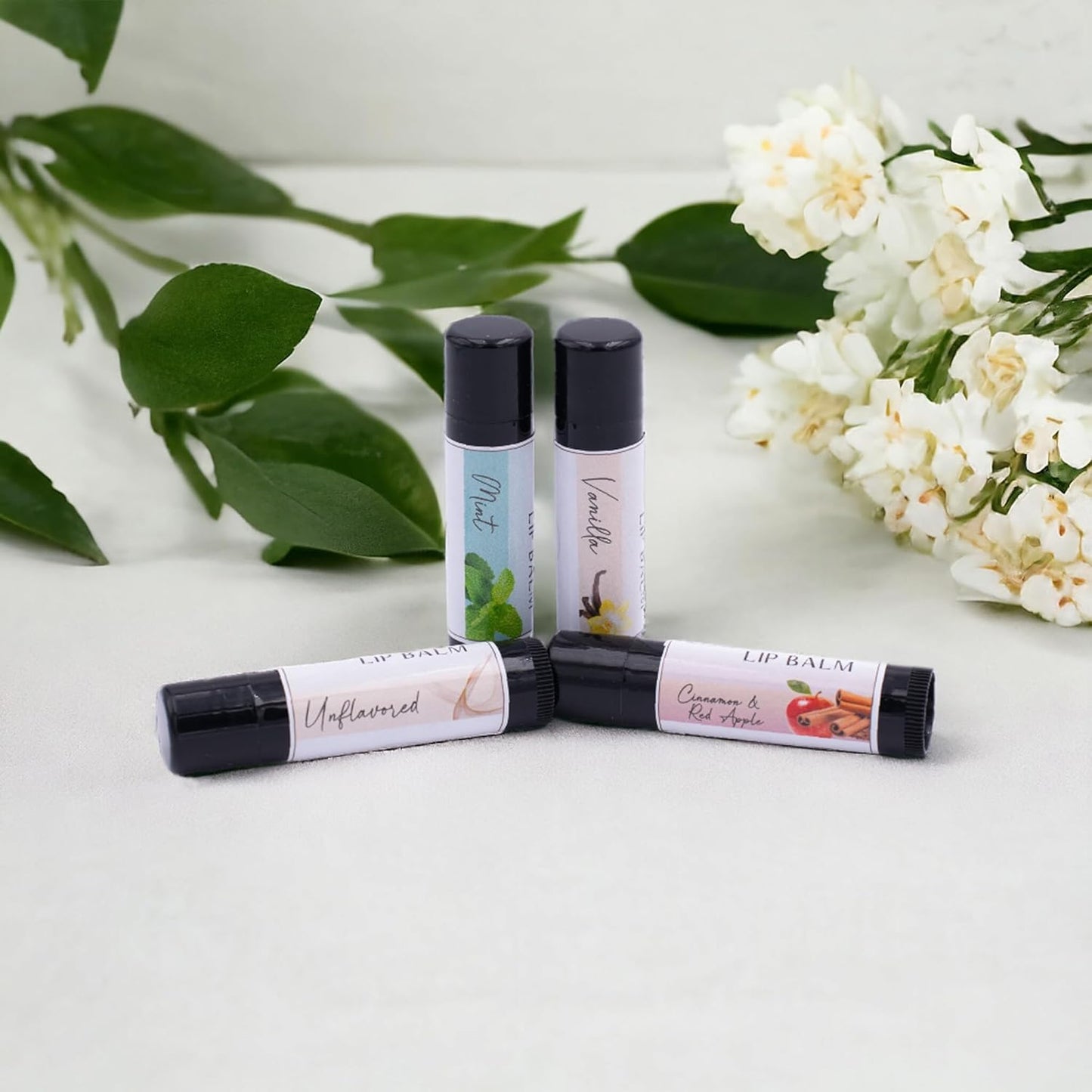 Lip Balm Naturals 4-Pack, Mint Vanilla Cinnamon Red Apple Unflavored, Natural Beeswax, Moisturizing Lip Treatment, 4 Tubes, 0.15 oz., White