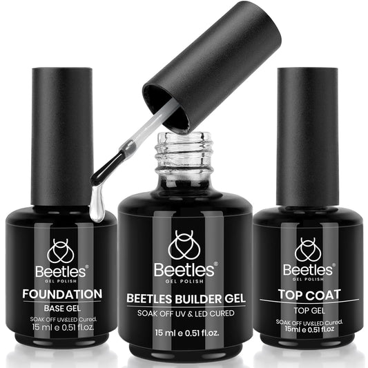 Beetles 3Pcs 15ml Builder Nail Gel with No Wipe Top Coat Gel Nail Polish and Base Coat Halloween Set for Nails Shine Finish and Long Lasting Nail Protection UV/LED Lamp Needed Gift for Women