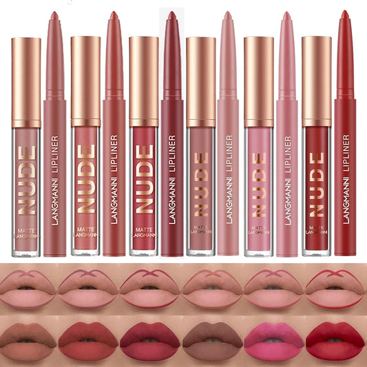 LANGMANNI 6 Matte Lipstick with 6 Lipliners Durable Makeup Set,Long-Lasting Non-Stick Cup Not Fade Waterproof Pigmented Velvet Lipgloss Kit Beauty Cosmetics Makeup Gift for Girls (#C)