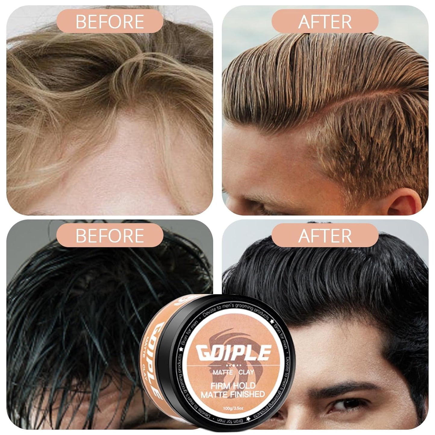 Hair Styling Clay, Matte Finish Hair Paste for Men, Water Based Matte Texture, Clay Pomade Ideal for All Men's Hair Types 100g (3.5oz)