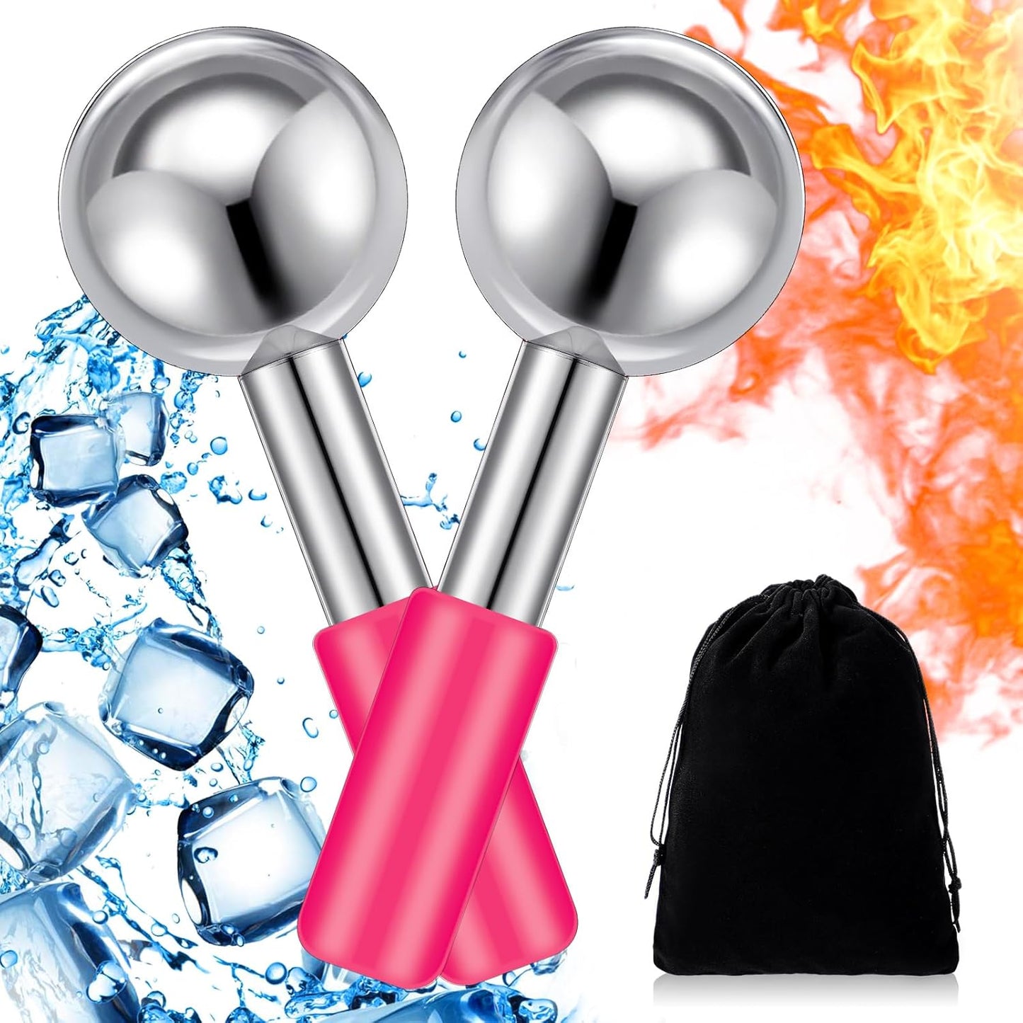 Baderke 2 Pcs Ice Globes for Face Stainless Steel Cooling Globes Unbreakable Cooling Roller Women Ice Balls Cryo Sticks Face Skin Care for Dark Circles, Puffiness(Silver (pink Handle))