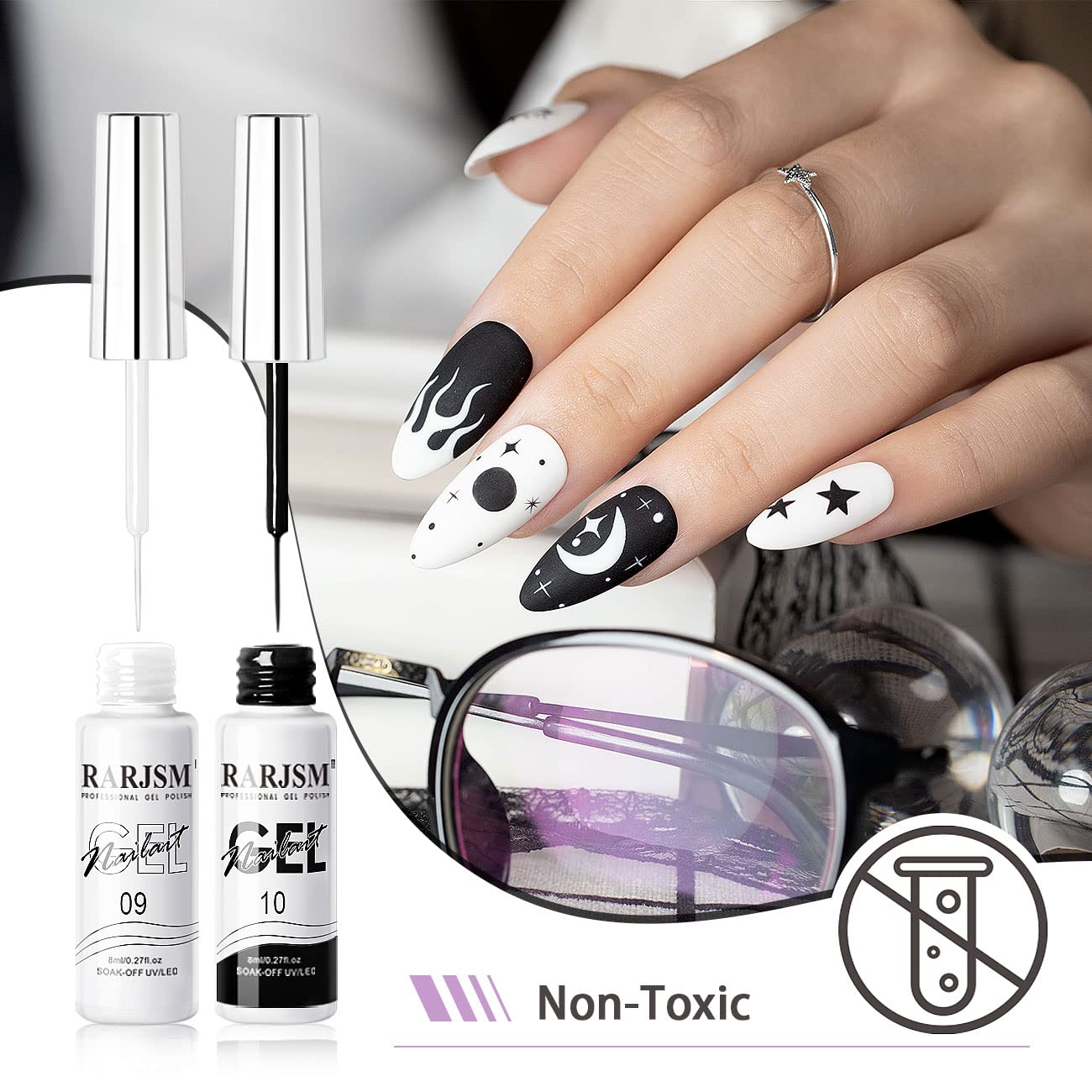 RARJSM Nail Art Gel,Liner Gel Polish,Black White Nail Design Polish Painted GelNailPolish Set 2Pcs Soak off Curing Requires 8ml Build in Thin Brush for Home Salon Diy Nails French Manicure Painting