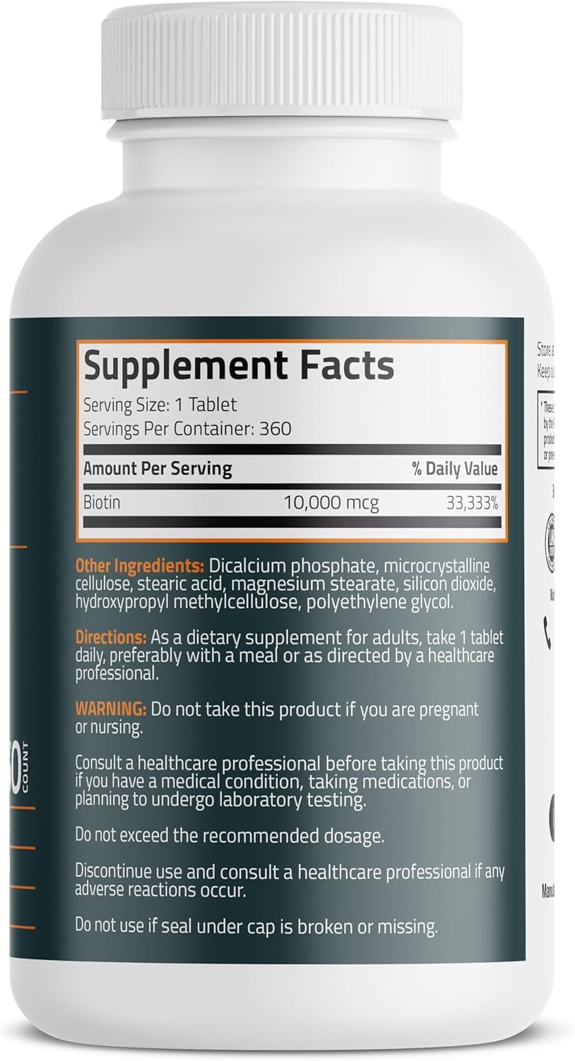 Bronson Biotin 10,000mcg, Supports Healthy Hair, Skin and Nails, Vegetarian, Non-GMO, 360 Tablets