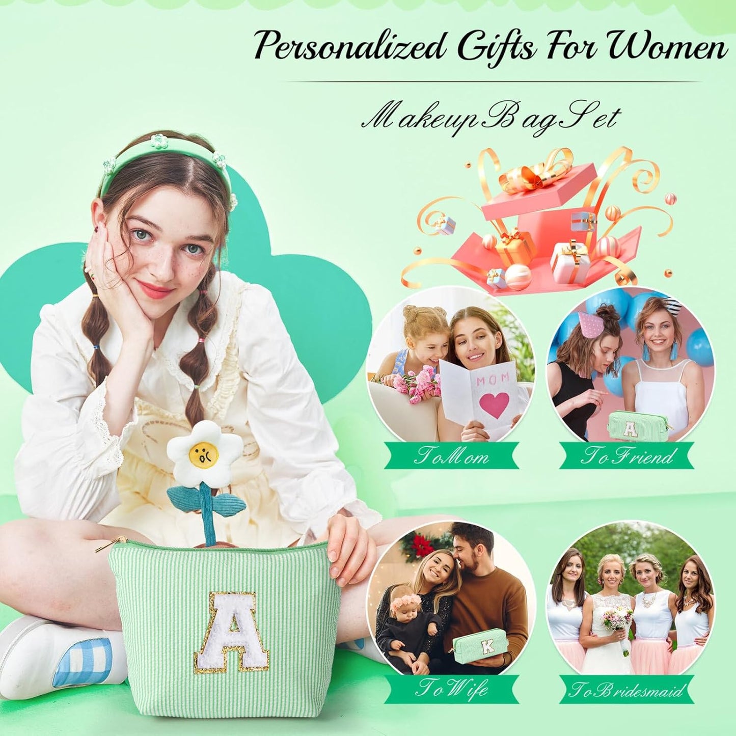 YOOLIFE Travel Makeup Bag Cosmetic Bag - Make Up Bag with Makeup Brush Bag Monogram Makeup Pouch Bag 2 Pieces Cute Makeup Bag Personalized Gifts Best Friend Birthday Gifts for Women Letter Y