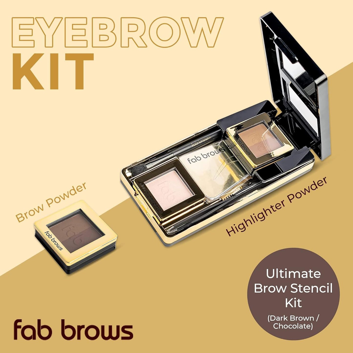 LUX Duo Stencil Eyebrow Kit - The Ultimate Brow Stencil Kit with Duo Brow Powder, Highlighter Powder, Stencil Shapes, Eyebrow Tools & Mirror - Eyebrow Stencil Kit Makeup - Dark Brown/Choco