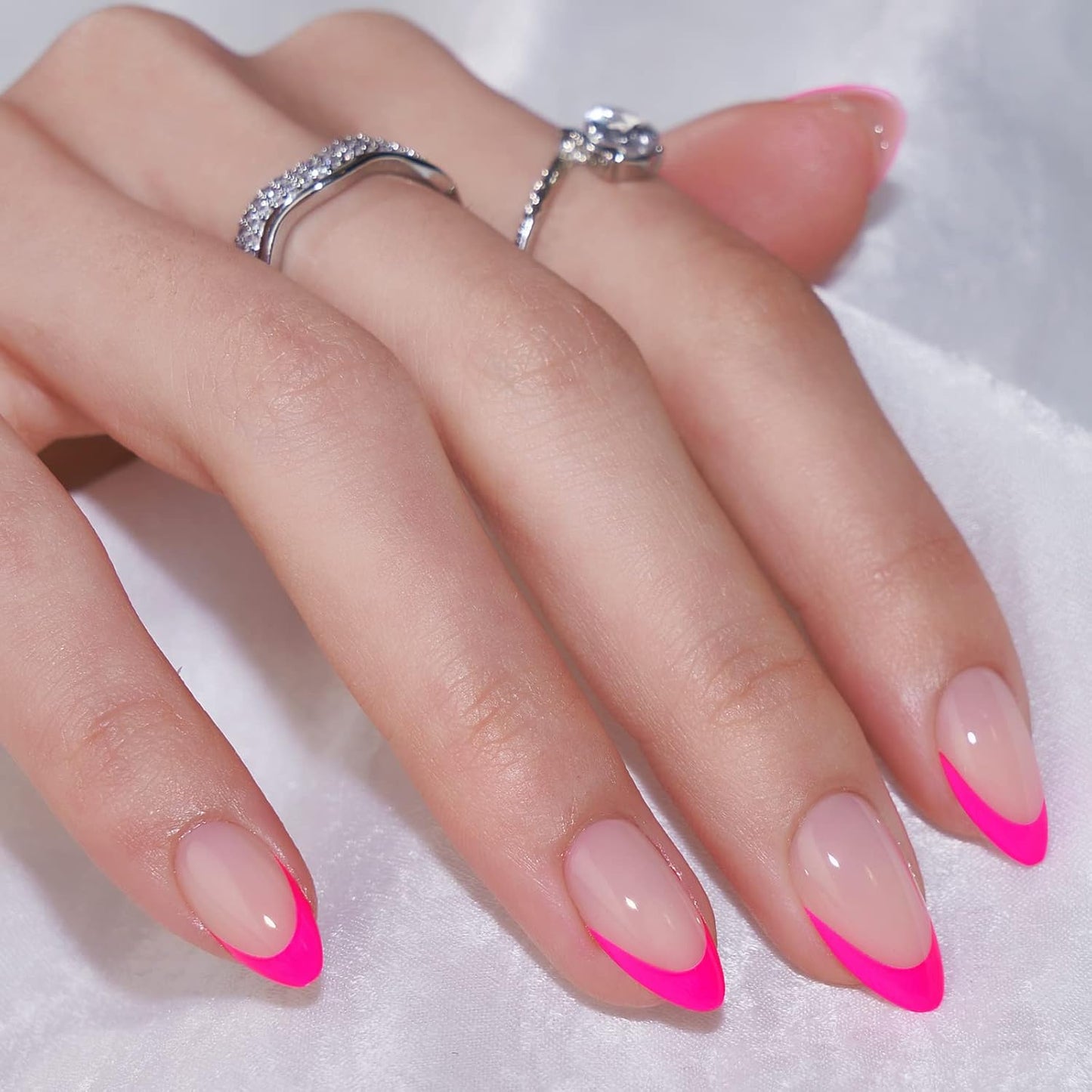 French Tip Press On Nails Almond - BTArtbox Hot Pink Short Stick On Nails for Women, Glue On Nails with Nail Glue in 16 Sizes - 30 Soft Gel Fake Nails Kit, Berry French