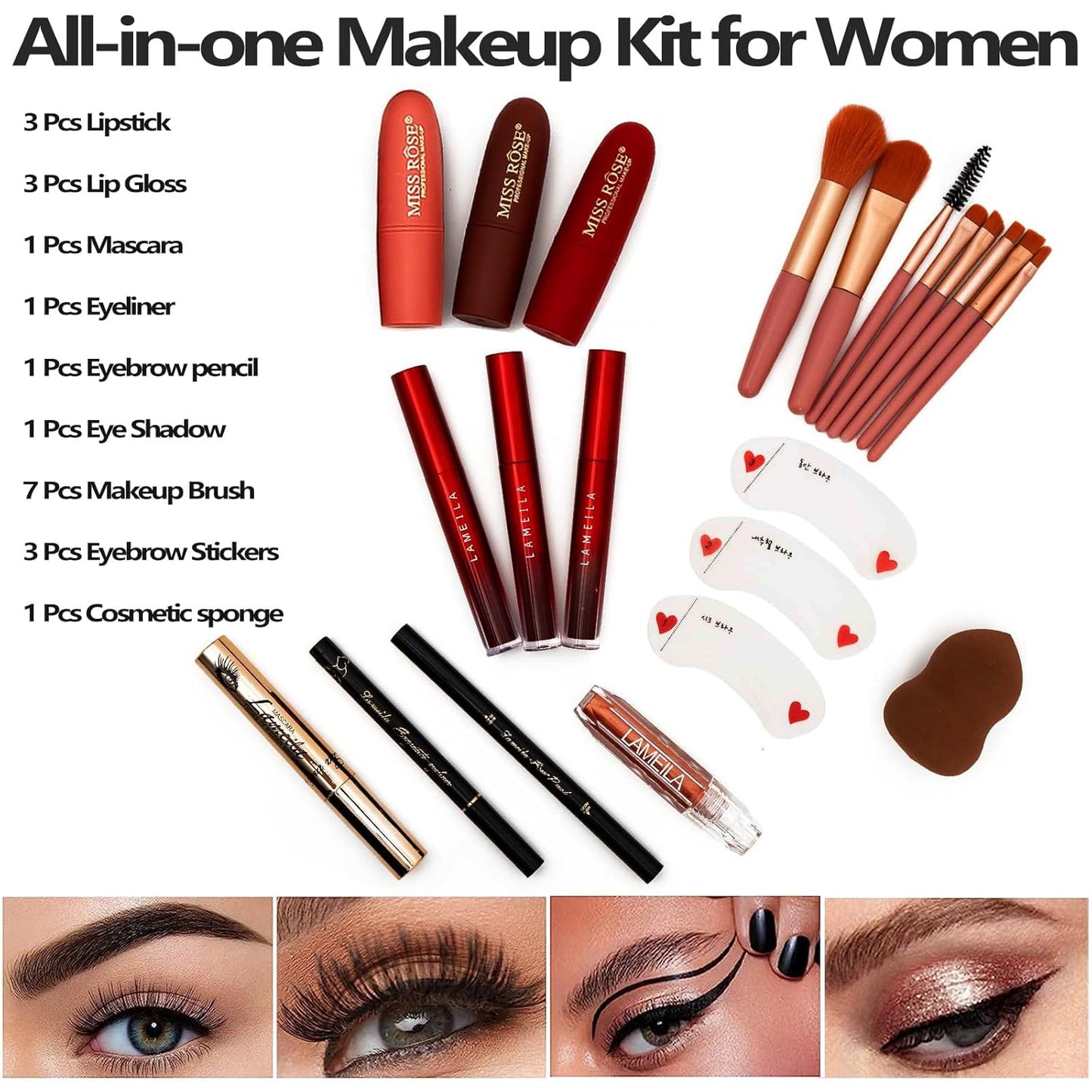 M 187 Colors Professional Makeup Palette - All-in-One Kit With Eye Shadows, Lipsticks, Mascara, Foundations, Blushes, Brow Pencils, Nail File - Makeup Gift Set for Women and Girls