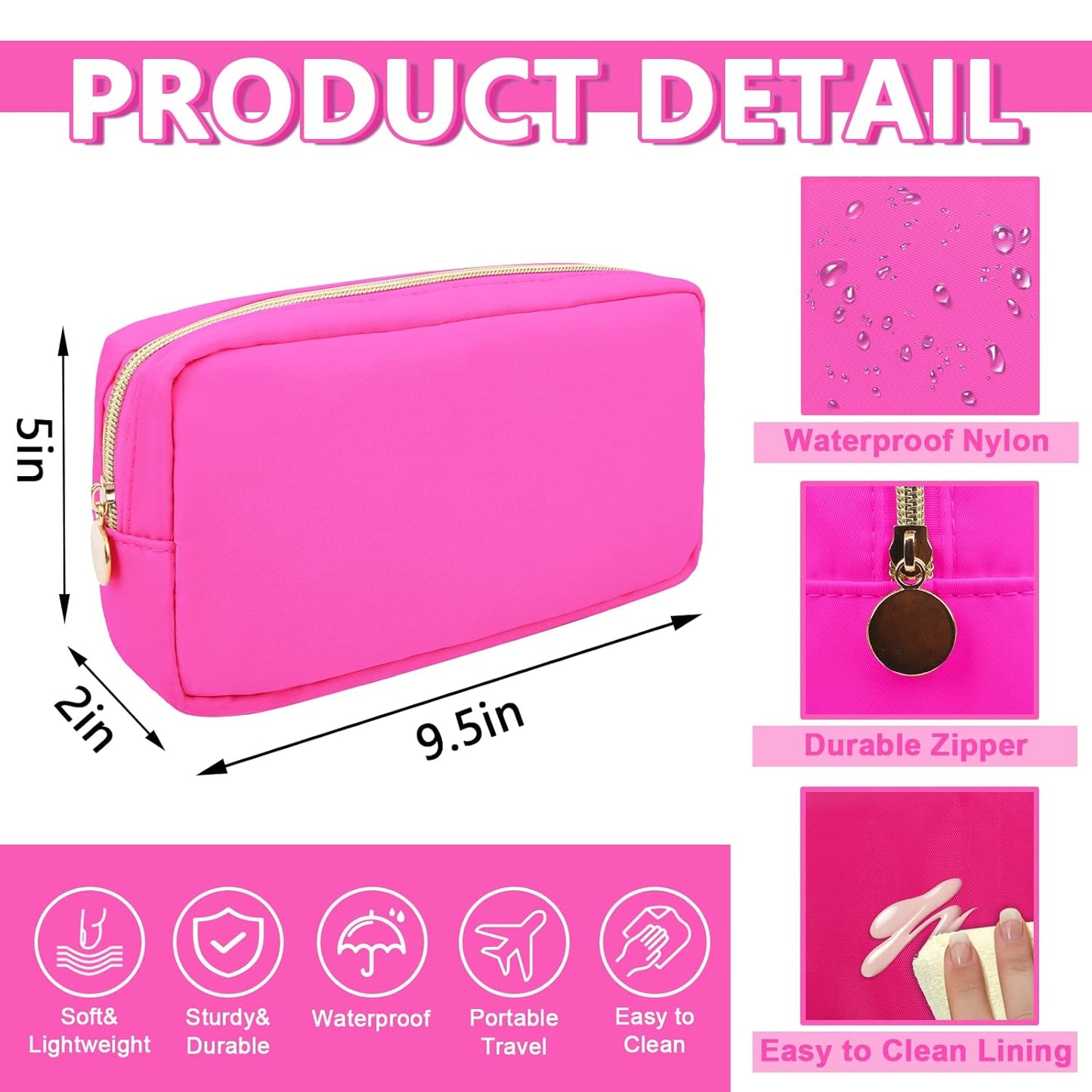 Small Makeup Pouch for Purse, Nylon Travel Toiletry Storage Pouch Cute Preppy Cosmetic Bag for Women Girls, Waterproof Makeup Organizer Skincare Bag Purse with Zipper (Small-Bubblegum)