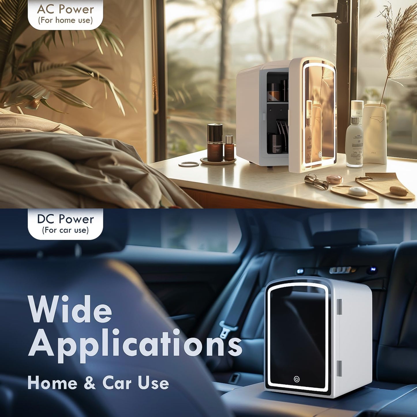 Mini Fridge for Skin Care, 4 Liter Portable Small Fridge with Dimmable LED Mirror, Cooling and Warming Function Personal Beauty Refrigerator for Bedroom, Office, Car, Makeup (White)