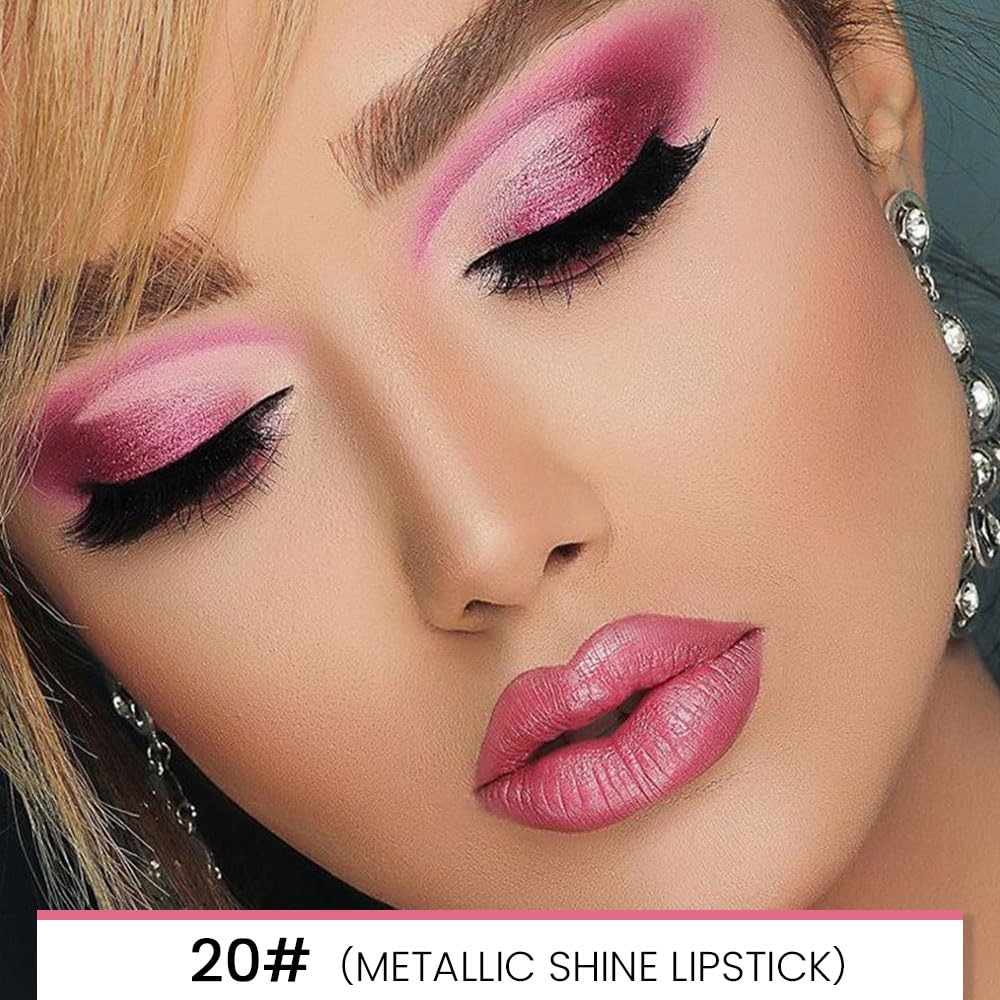 Kaely 2-in-1 Natural Pink Metallic Shine Shimmer Lip Liner & Lipstick Combo Set Kit for Women, Lightweight Hydrating Formula High Impact Full Coverage Lipstick and Lip Liner Makeup Gloss 20