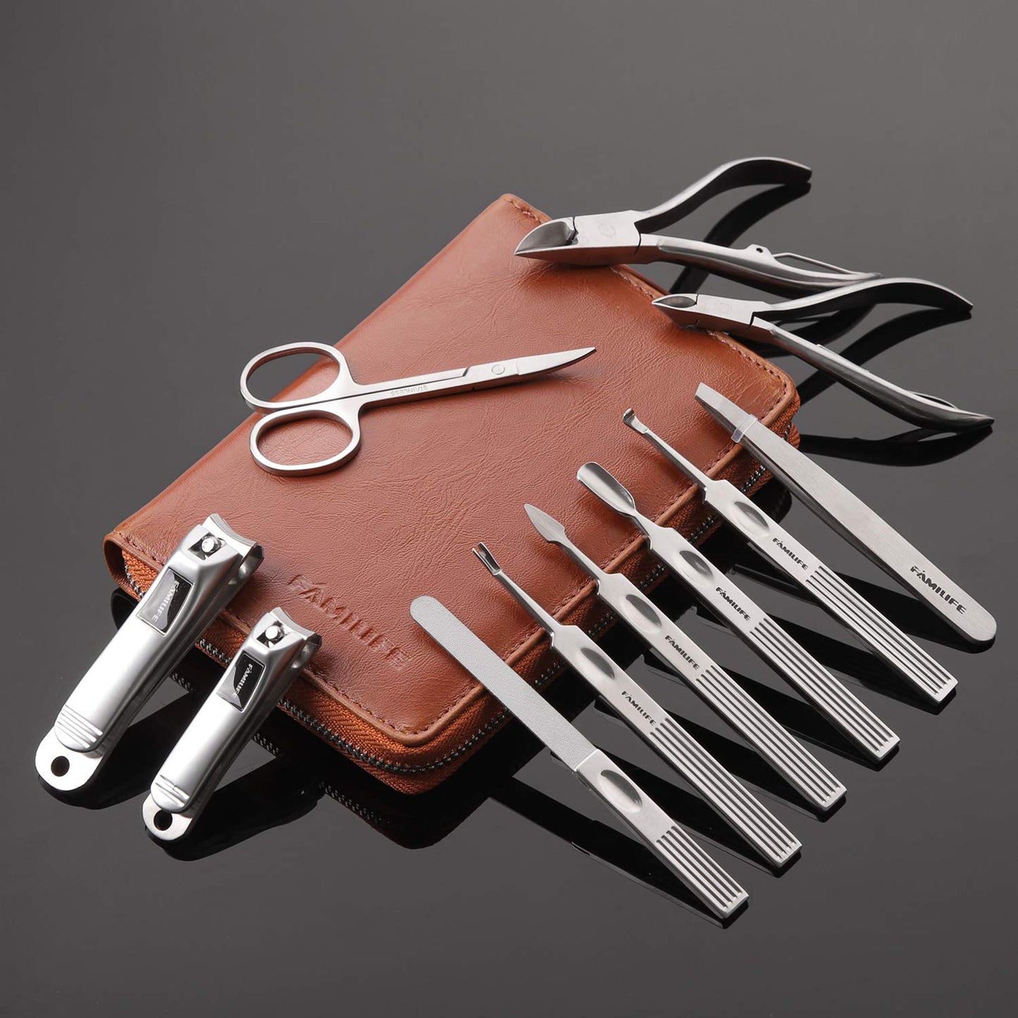 FAMILIFE Manicure Set, Professional Manicure Kit Nail Clippers Set 11 in 1 Stainless Steel Pedicure Tools Nail Kit Men Grooming Tool with Portable Brown Leather Travel Case Luxury Gifts for Him