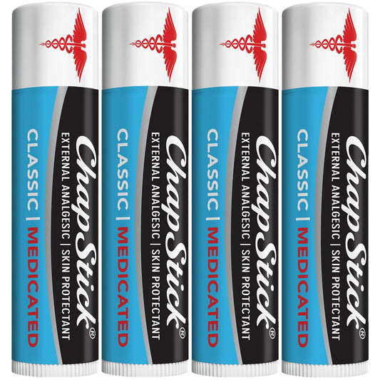 ChapStick Medicated Lip Balm 4-Pack – External Analgesic, Skin Protectant for Dry Lips & Cold Sore Pain Relief, 0.15 Oz Ea