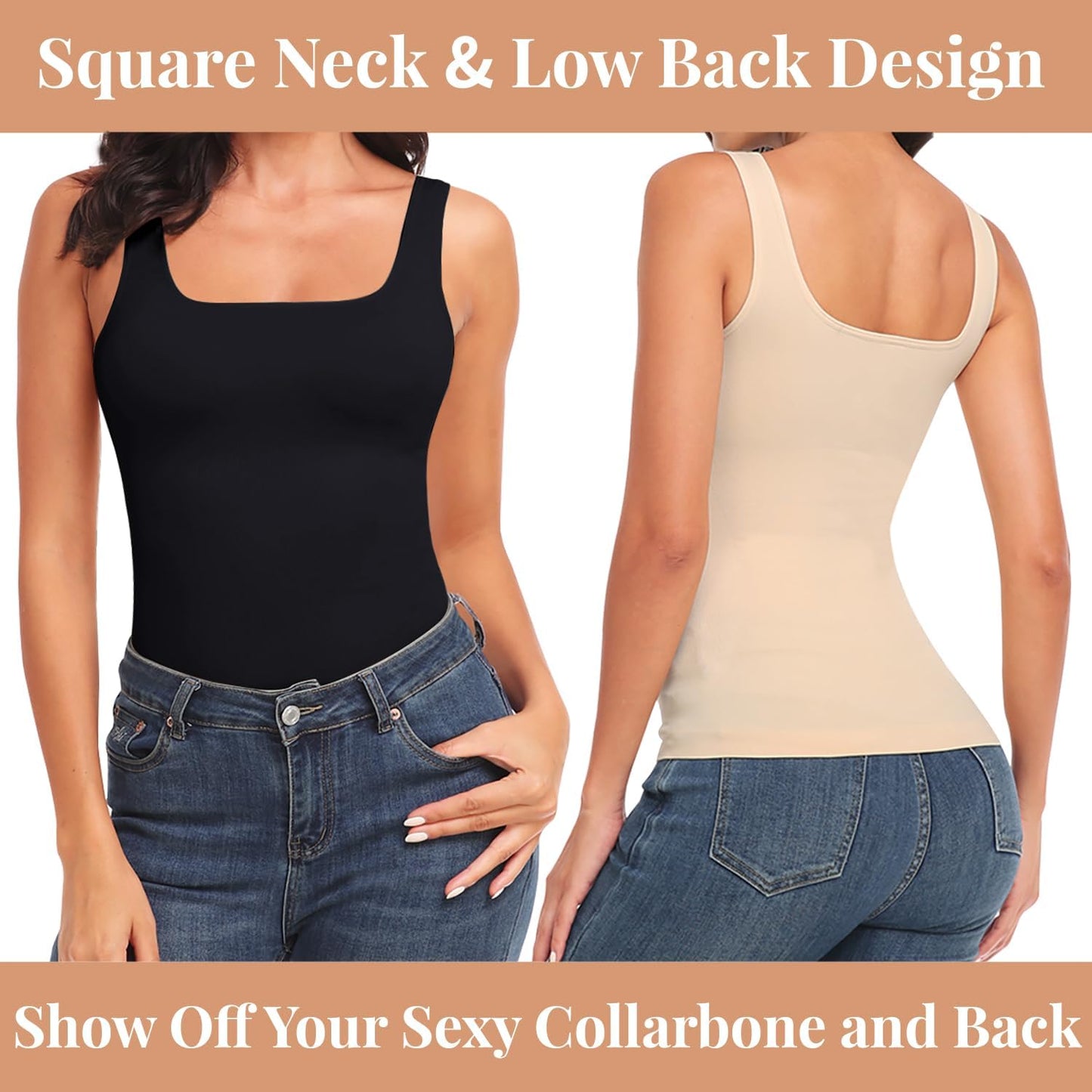 EUYZOU Women's Tummy Control Shapewear Tank Tops Seamless Square Neck Compression Tops Slimming Body Shaper Camisole