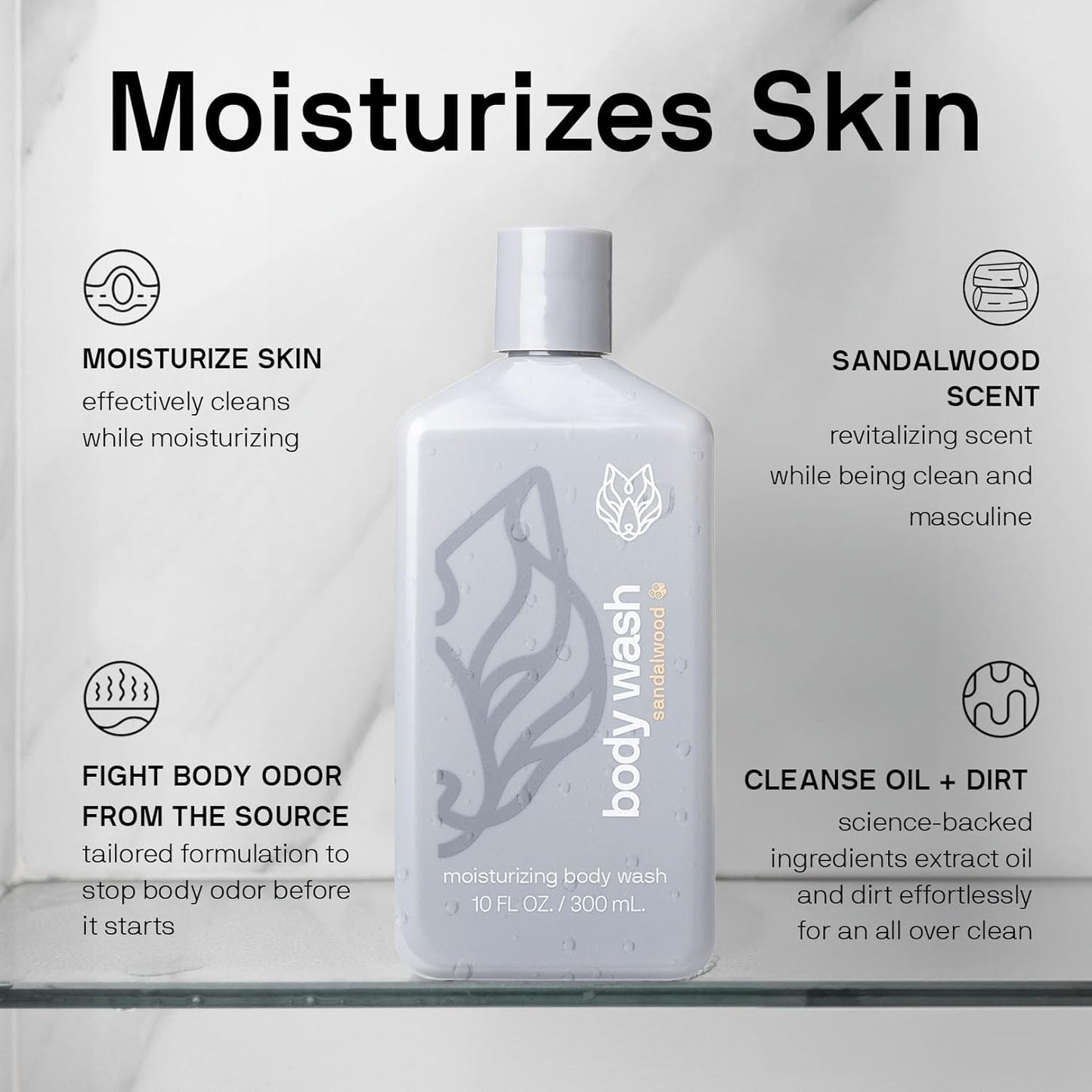 Black Wolf Moisturizing Body Wash for Men, Sandalwood - Mens Hydrating Bodywash for Dry, Dehydrated, & Sensitive Skin - Hyaluronic Acid, Aloe Vera, & Jojoba Oil Body Cleanser Help Remove Oil & Dirt