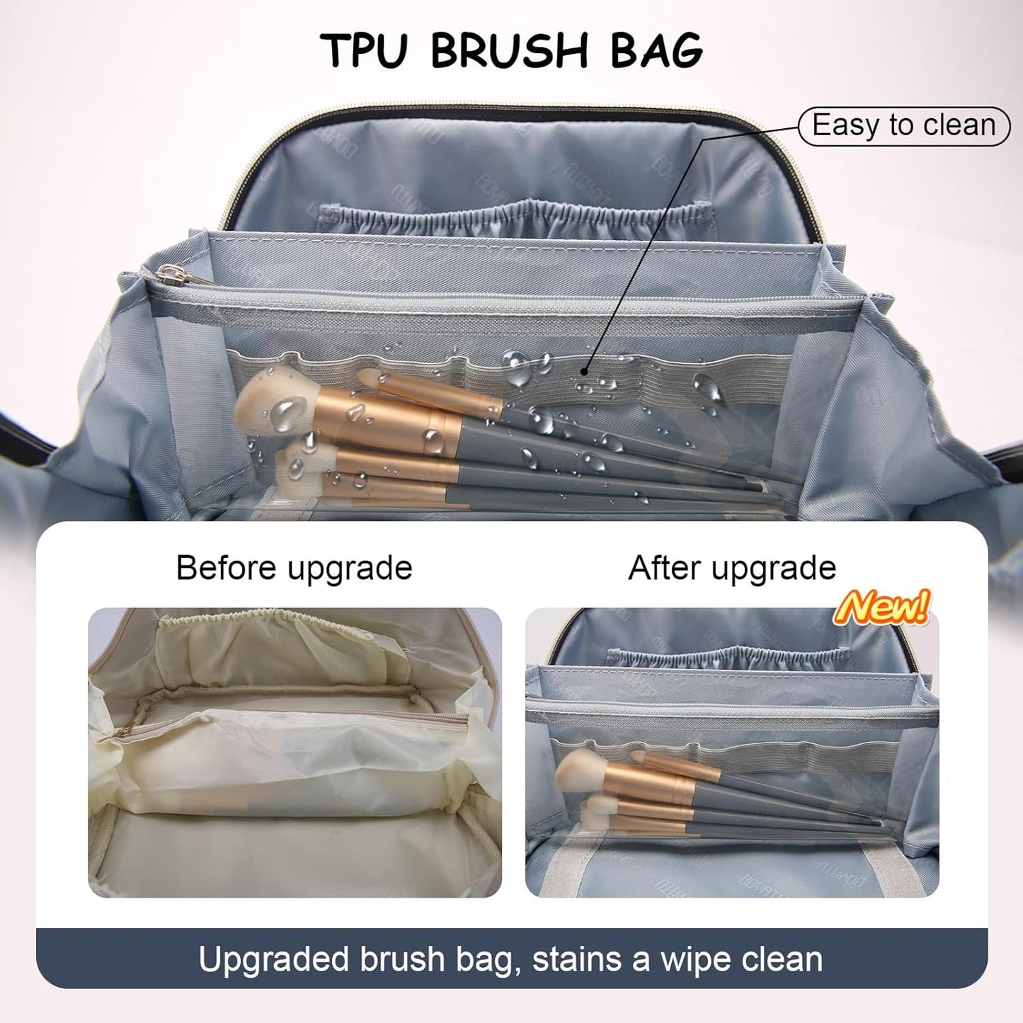 BOYATU Travel Makeup Bags Cosmetic Organizer Bag: 3-Set Large Capacity Make up Bag - PU Leather Toiletry Bags for Women - Wide Open Portable Pouch with Divider & Handle (02-Dark Blue)