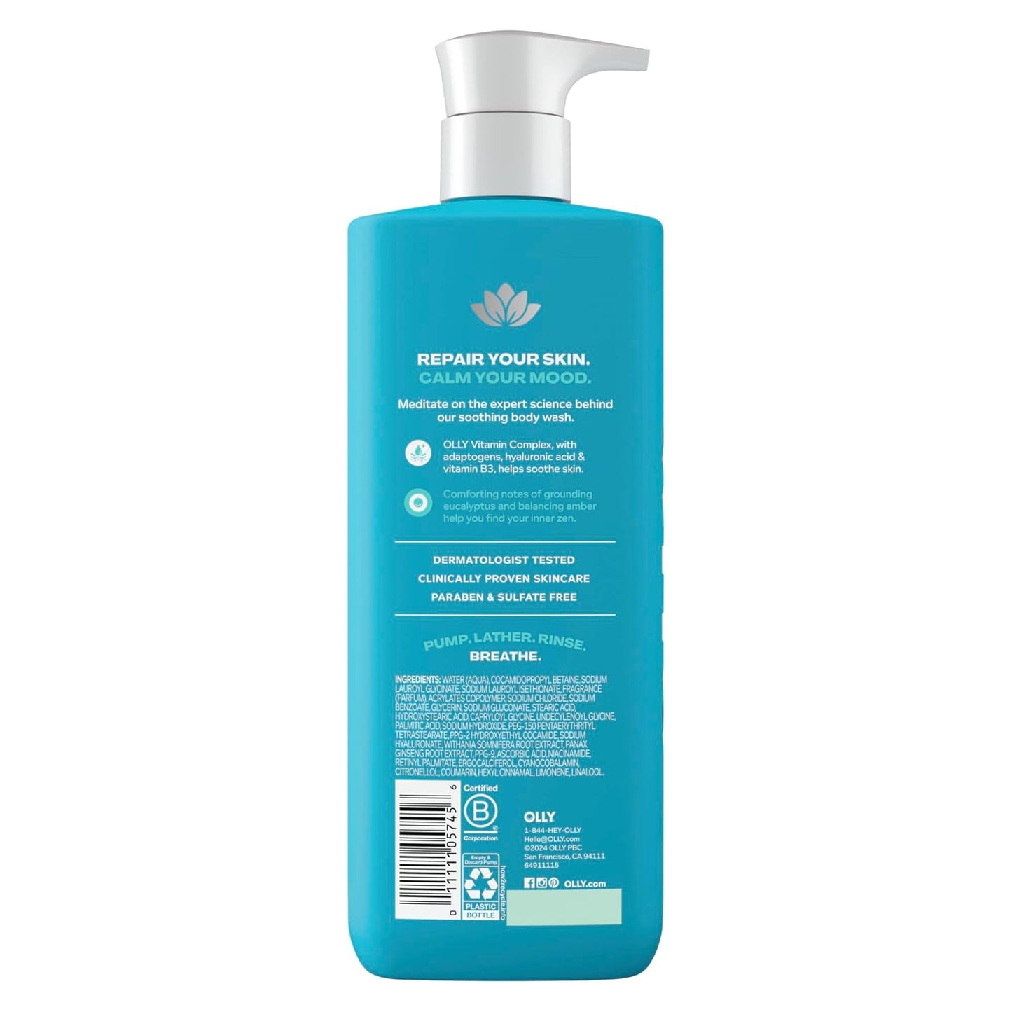 OLLY Calm Body Wash with Hyaluronic Acid, Adaptogens & Vitamin B3– Nourishing Cleanser for Skin Barrier Repair, Deep Hydration, Eucalyptus Amber Scent, 17oz