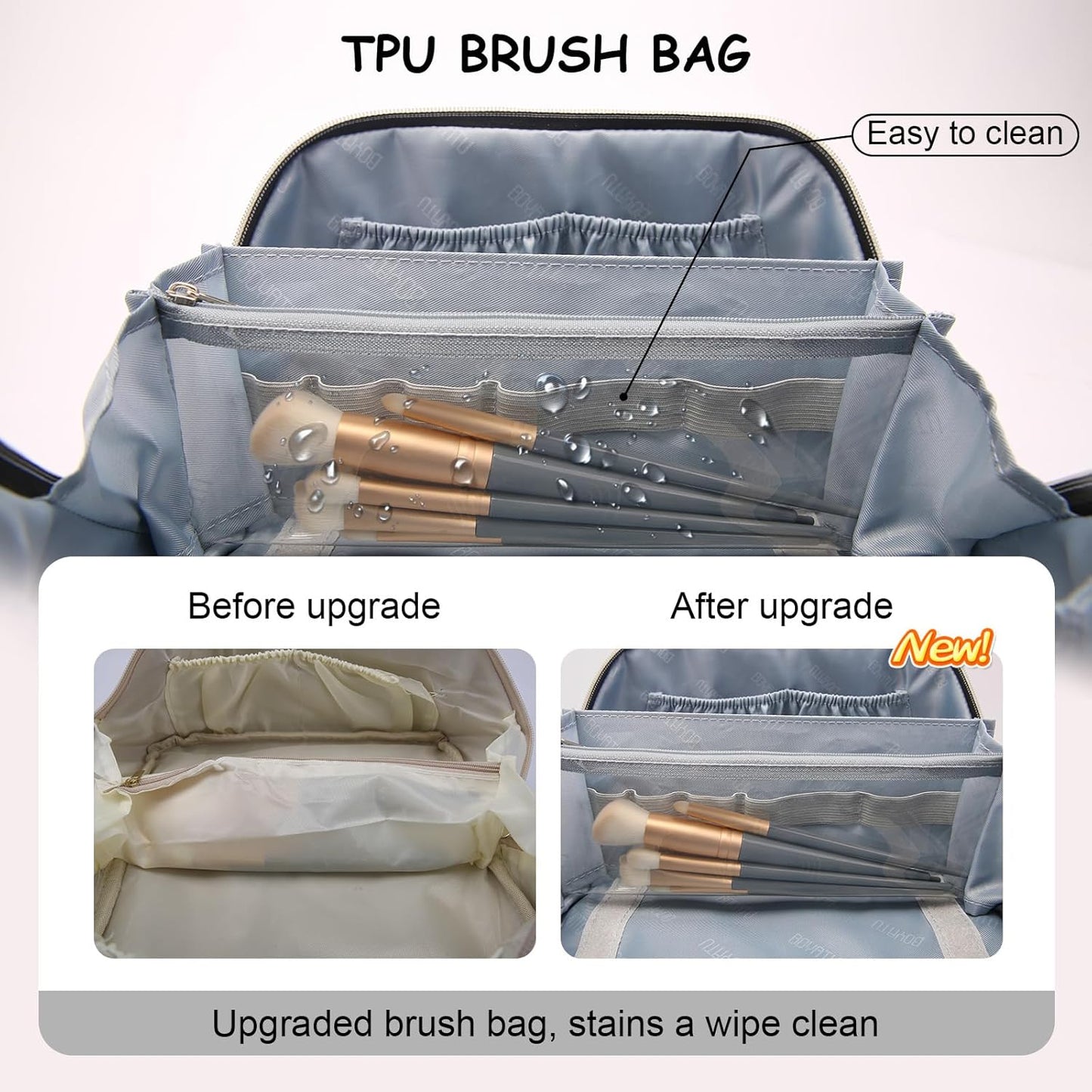 BOYATU Travel Makeup Bags Cosmetic Organizer Bag: 3-Set Large Capacity Make up Bag - PU Leather Toiletry Bags for Women - Wide Open Portable Pouch with Divider & Handle (07-Black 6)