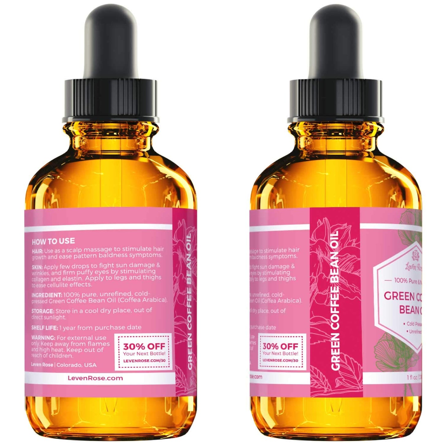 Leven Rose Green Coffee Bean Oil 100% Natural Pure Cold Pressed Unrefined Coffeebean Oil For Around Eyes, Face, Nails, Skin, And Hair- 1 oz Bottle (1 ounce)
