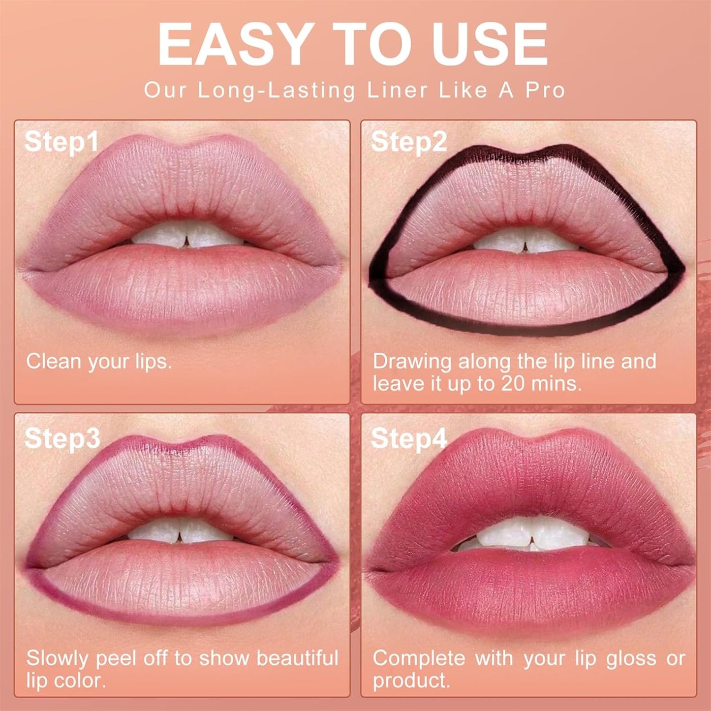OETUIOW Lip Stain Peel Off, Lip Liner Moisturizing Long-Lasting & Waterproof, Transfer Proof & Plumping, Non-Stick Cup, Coral Color