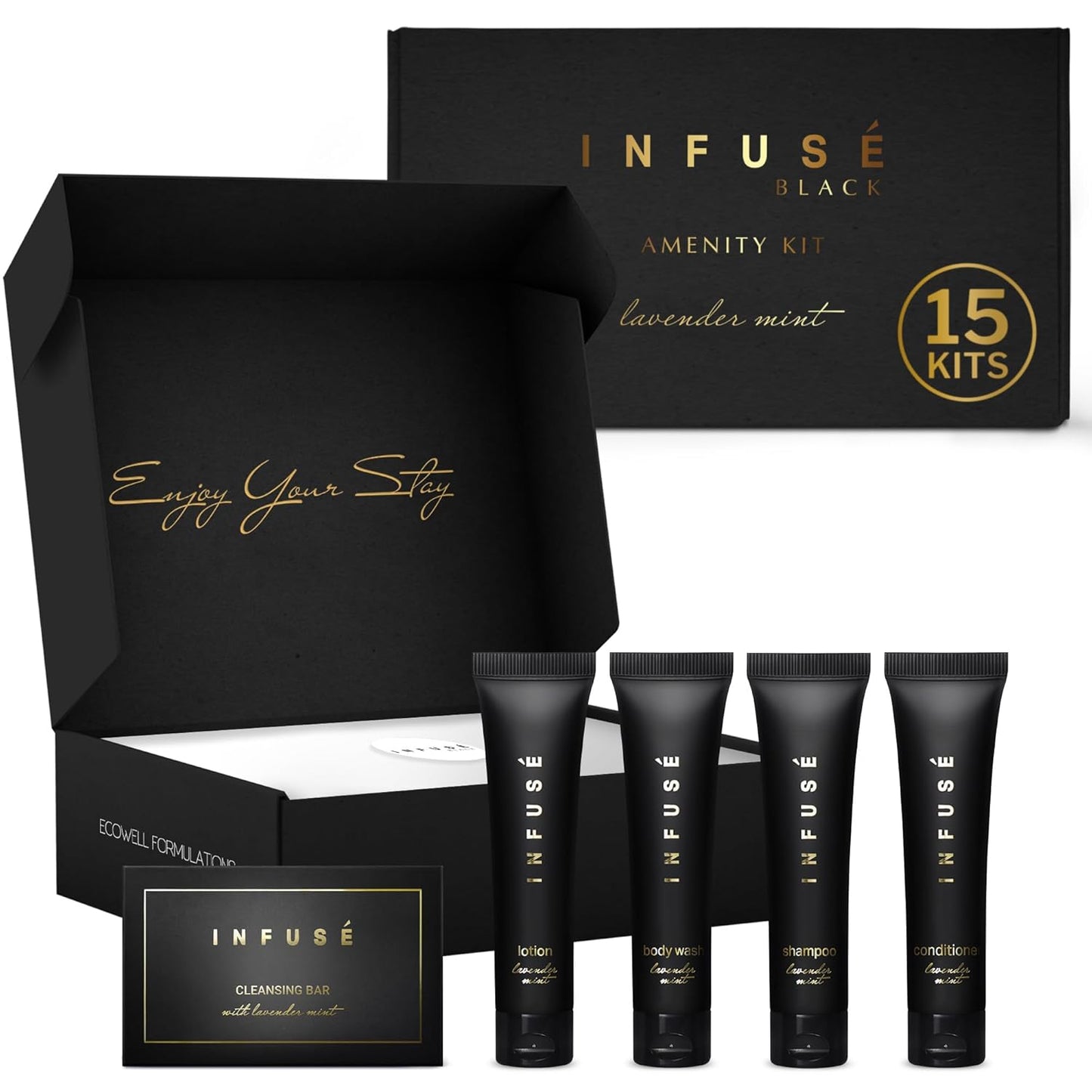Infuse Black Amenity Kit | Boxed Hotel Toiletries | Bulk Set 1 oz Travel Size Shampoo, Conditioner, Lotion, Body Wash & Cleansing Bar for Guest Hospitality AirBnB/Vacation Rentals | 75 Pieces