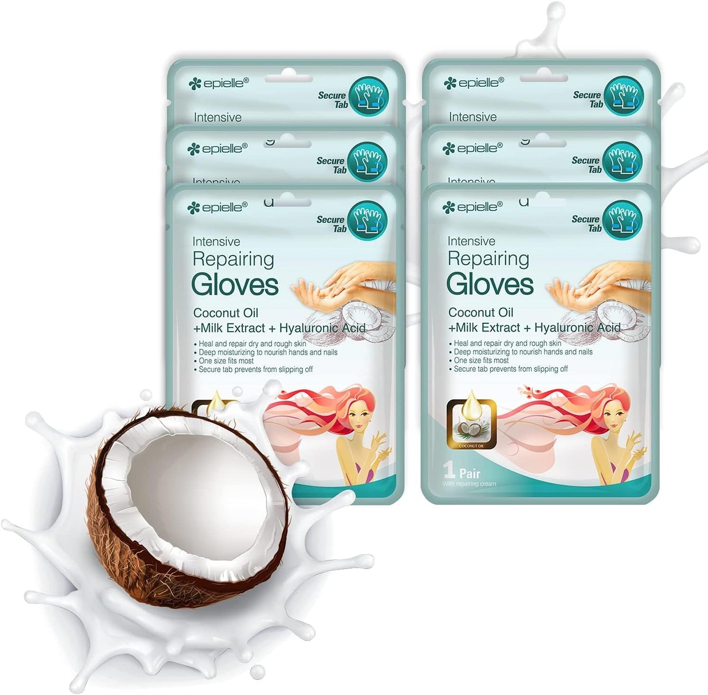 Epielle Intensive Repairing Hand Masks 6 Pairs, Deep Moisturizing Gloves for Dry, Cracked Hands, Repair with Coconut Oil & Milk Extract, Korean Skin Care, Spa Set, Self Care Gifts for Women