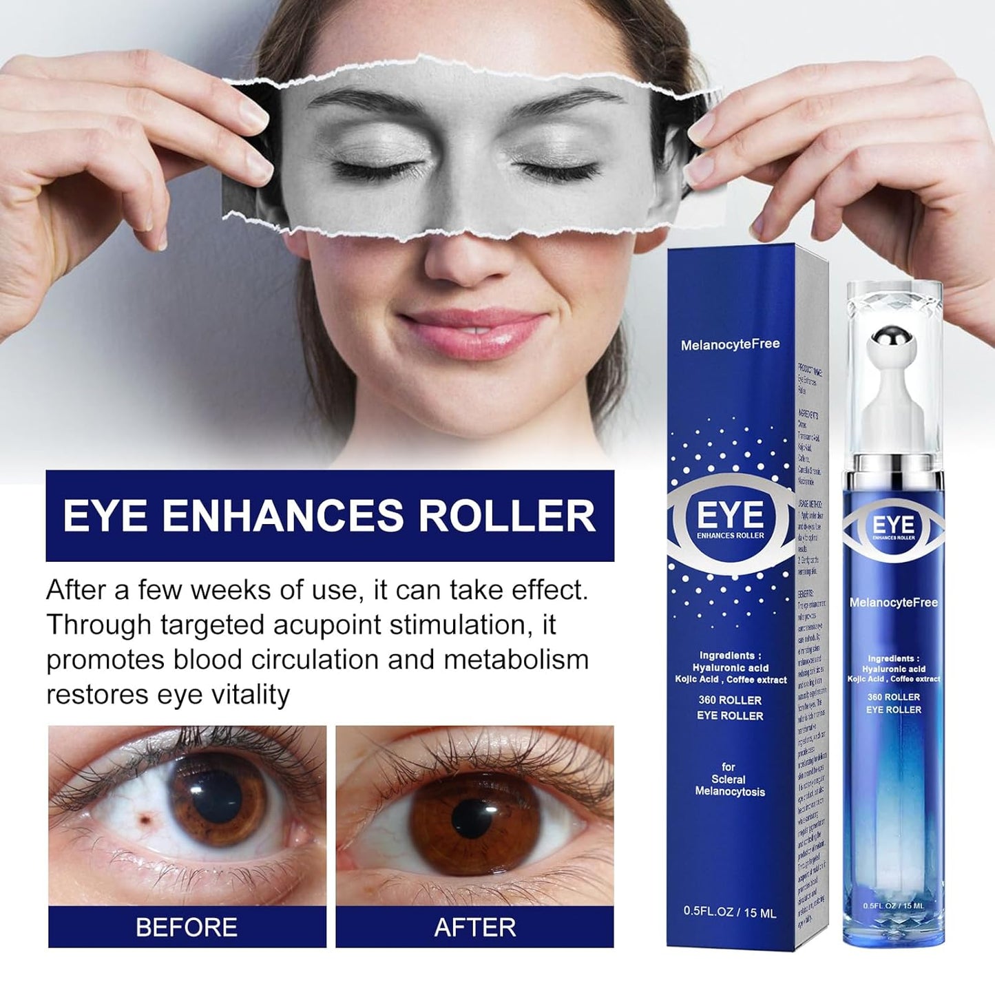 5% Caffeine Eye Cream and Under Eye Roller Cream for Dark Circles and Puffiness, Caffeine Eye Serum with 360° Massage Ball Reduce Wrinkles and Fine Lines & Eye Bags Treatment