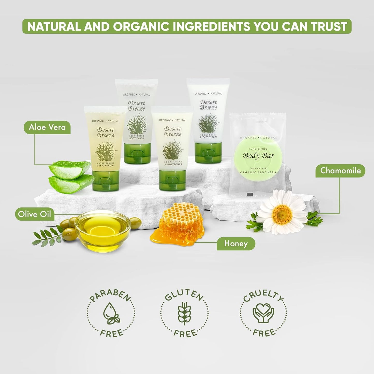 Desert Breeze Hotel Soaps and Toiletries Bulk Set | 1oz Hotel Shampoo & Conditioner, Body Wash, Body Lotion & Bar Soap | Full Pallet 49 cases with 300 units each - 14,700 pieces