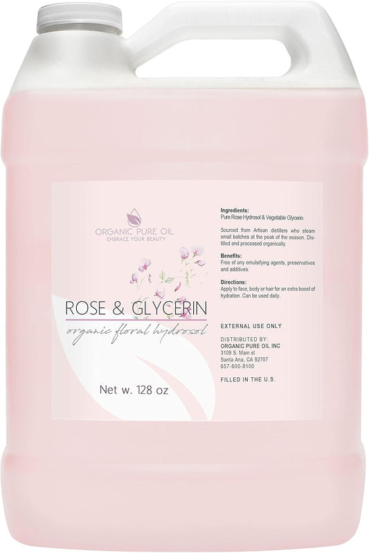 Rosewater Glycerin Mist Toner Bulk Spray Facial Body Floral Cleanser 100% Pure Rose Hydrosol and Vegetable Glycerine Moisturizing Cleansing Toning Mix for Face Skin Hair Body (128 Ounces / 1 Gallon)