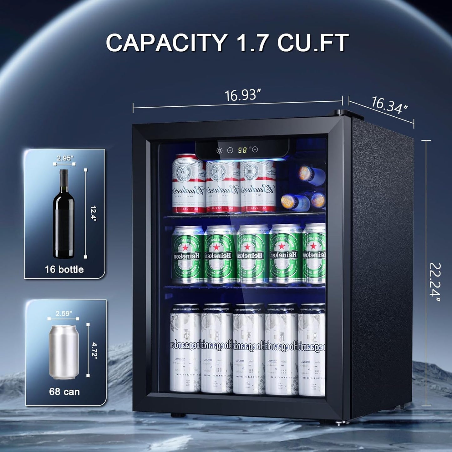 Antarctic Star Beverage Refrigerator Cooler-68 Can 16 Bottle Mini Fridge for Soda Beer Wine Champagne,Glass Door, Drink Dispenser, Knob Control,for Home and Bar,1.7Cu.Ft,Black