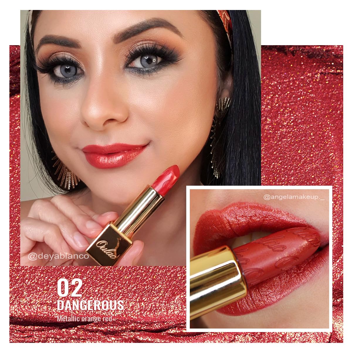 Oulac Orange Red Lipstick for Women with Metallic 3D Shine Lightweight Hydrating Formula, High Impact Lip Color, Vegan Beauty, Full Coverage Lip Makeup, Christmas Gifts for Women, Dangerous(02)