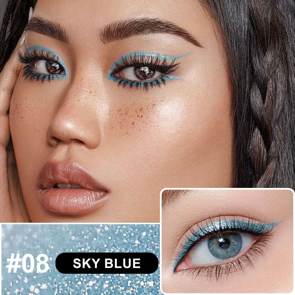 evpct 2Pcs Blue Glitter Shimmer Liquid Eyeliner Eye Makeup Pencil Pen, Pearl Blue Chrome Eyes Liner Face Glitter Makeup Fake Eyelashes Mascara Accessories, Sparkle Metallic Eyeliner Pen Waterproof