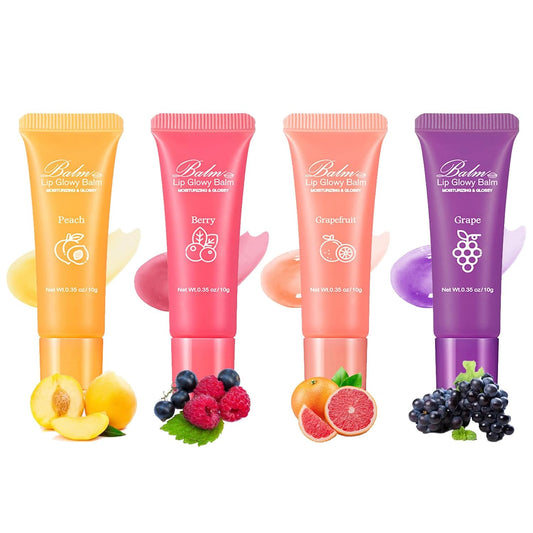 Lip Glowy Balm,4 Pack Fruit Glowy Lip Balm,Vitamin E Lip Glowy Balm Set Reduce Lip Lines, Enhance Lip Color,Moisturizing & Plump Quickly Replenishing Moisture and Relieving Dry Lips