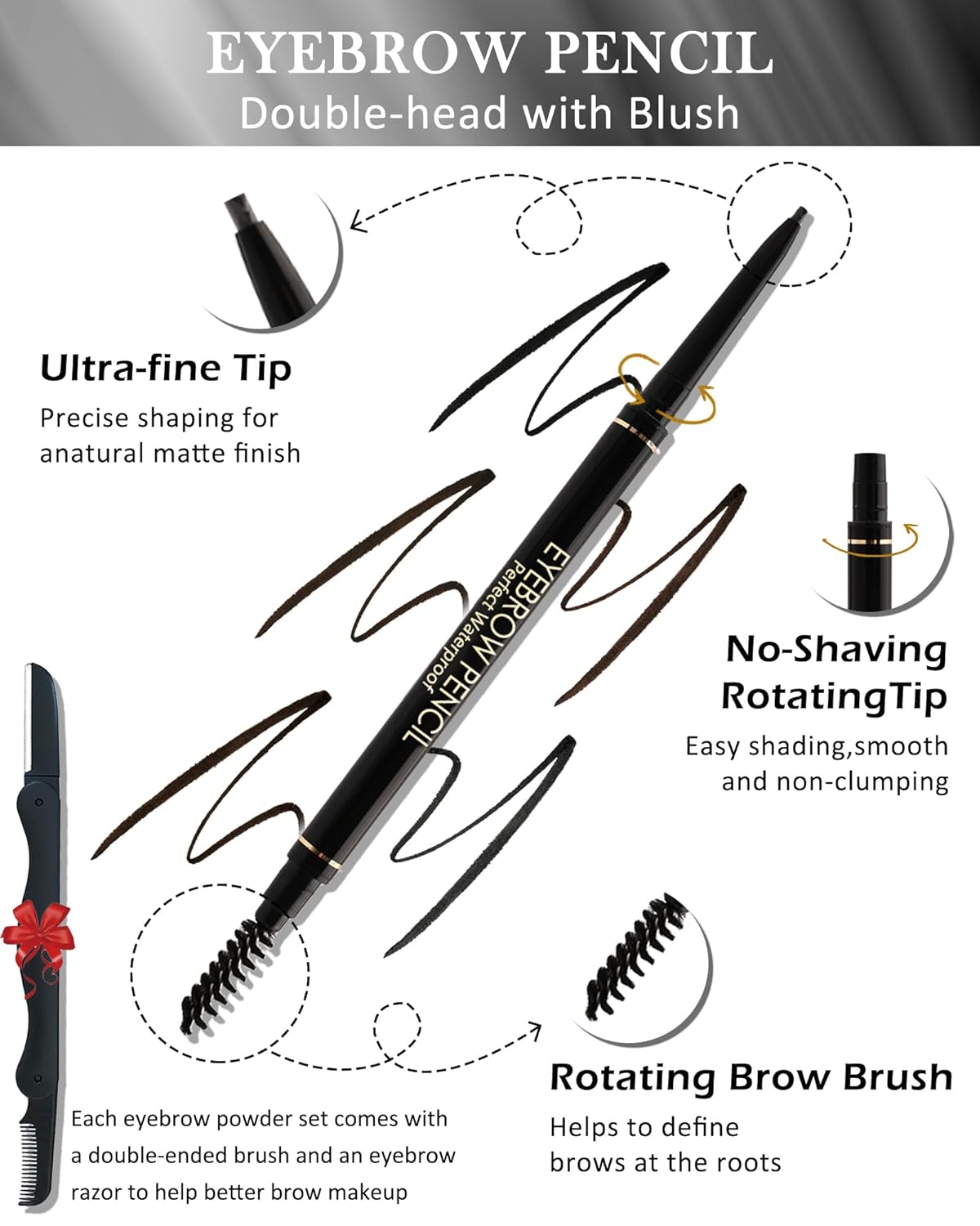 12Pcs Waterproof Gray Eyebrow Pencil Set, Professional Brow Micro Eyebrow Retractable Pencil, Ultra Fine Long Lasting for Perfect Eye Liner Brow Old Women Eye Makeup Shaping & Filling Brow Gel Pen- 04
