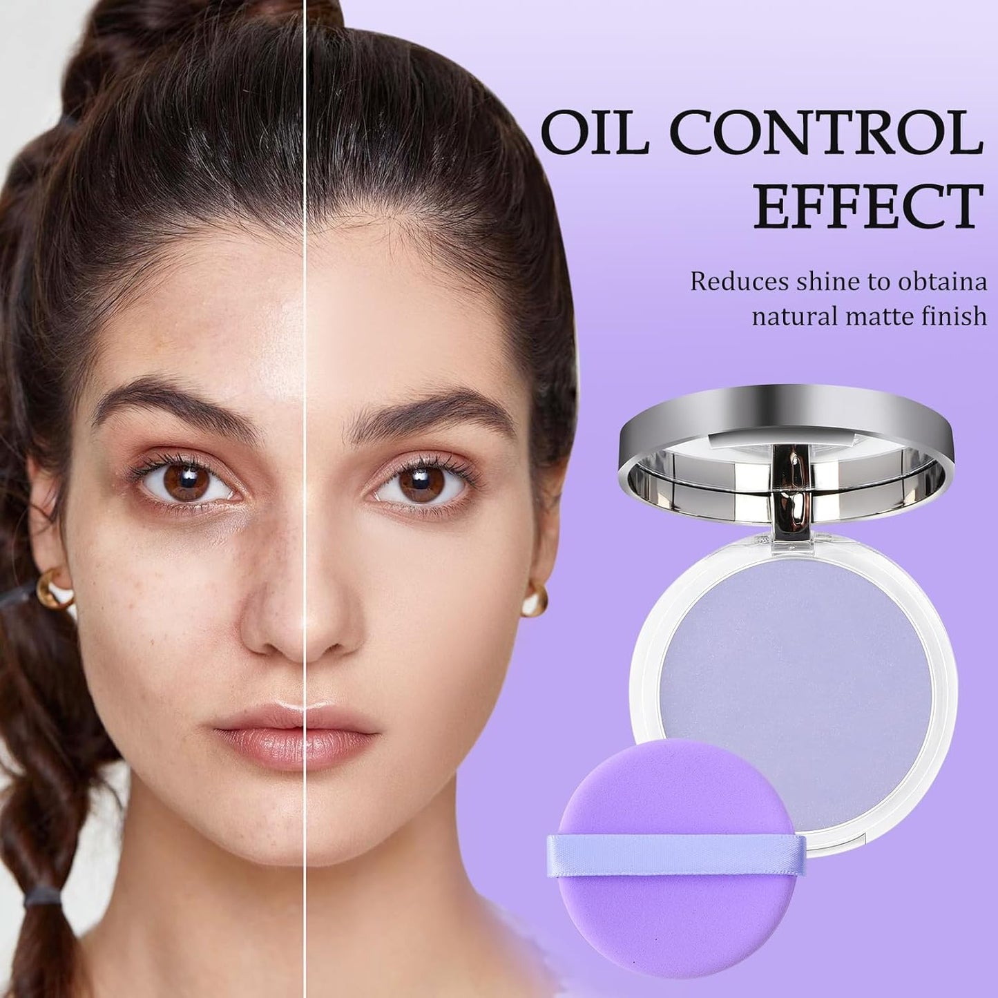 Chillab Lavender Matte Powder, Chillab Lavender Matte Powder Oil Control, Chillab Polvo Compacto with Mini Powder Puff, For Silky Blurring Oil Control Long-Lasting Makeup, Creates Soft -1PCS