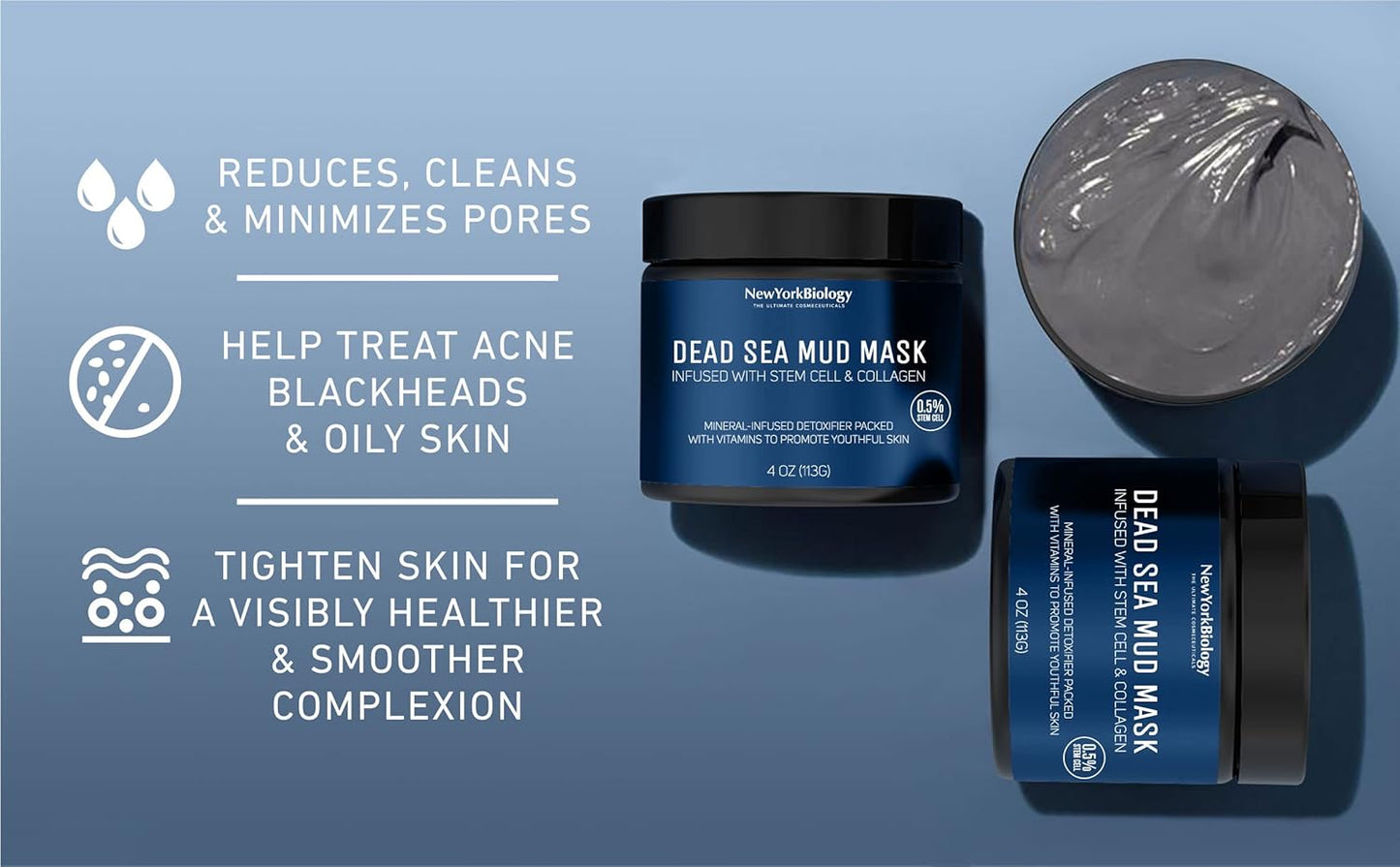 New York Biology Dead Sea Mud Mask for Face, Body | with Stem Cell and Collagen | Spa Quality Pore Refiner for Oily Skin | Natural Skincare for Women, Men | Tighten Skin | 4 oz