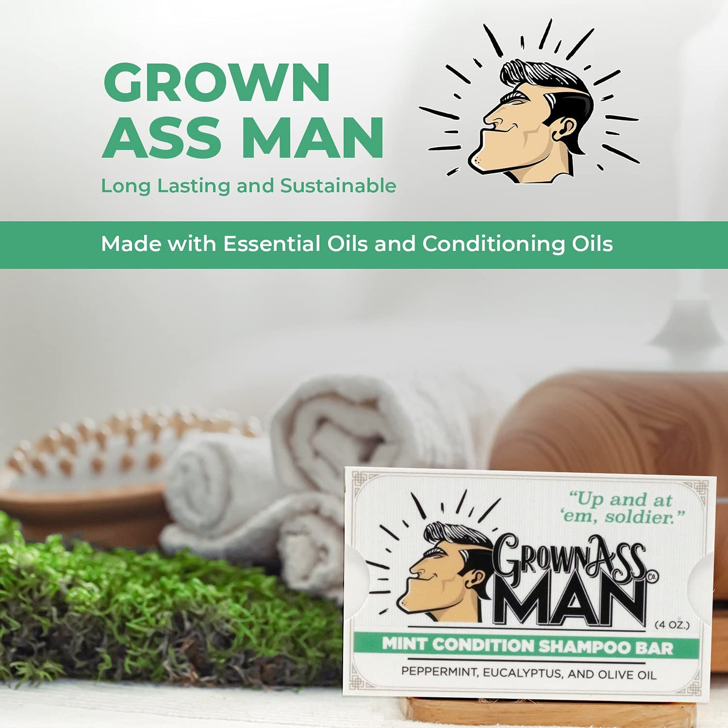 Solid Shampoo Bar Rich Lather 3 in 1: Hair, Beard & Body Wash - Plastic Free & Eco-Friendly, Natural & Organic Clean for All Hair Types, 4oz Bar (Mint Condition, Single)